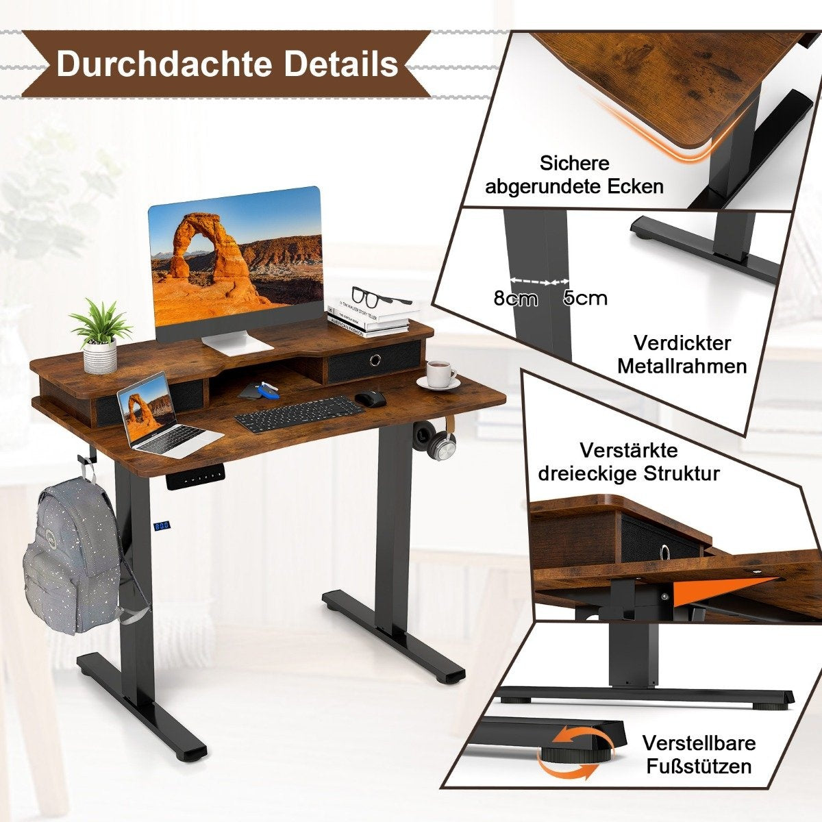 Electric Height Adjustable Desk with Monitor Stand, 100x60 cm