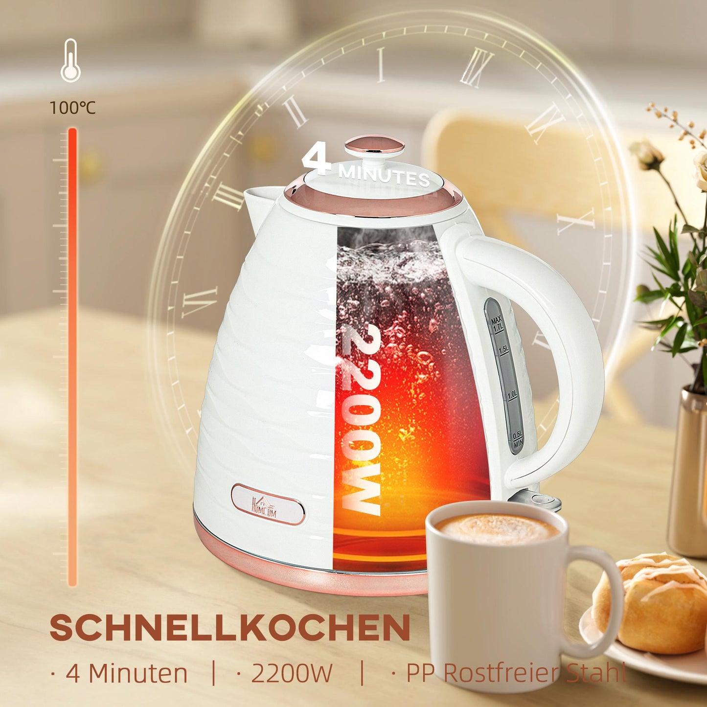 Electric Kettle 1.7L, 2200W, Fast Boil, Removable Filter