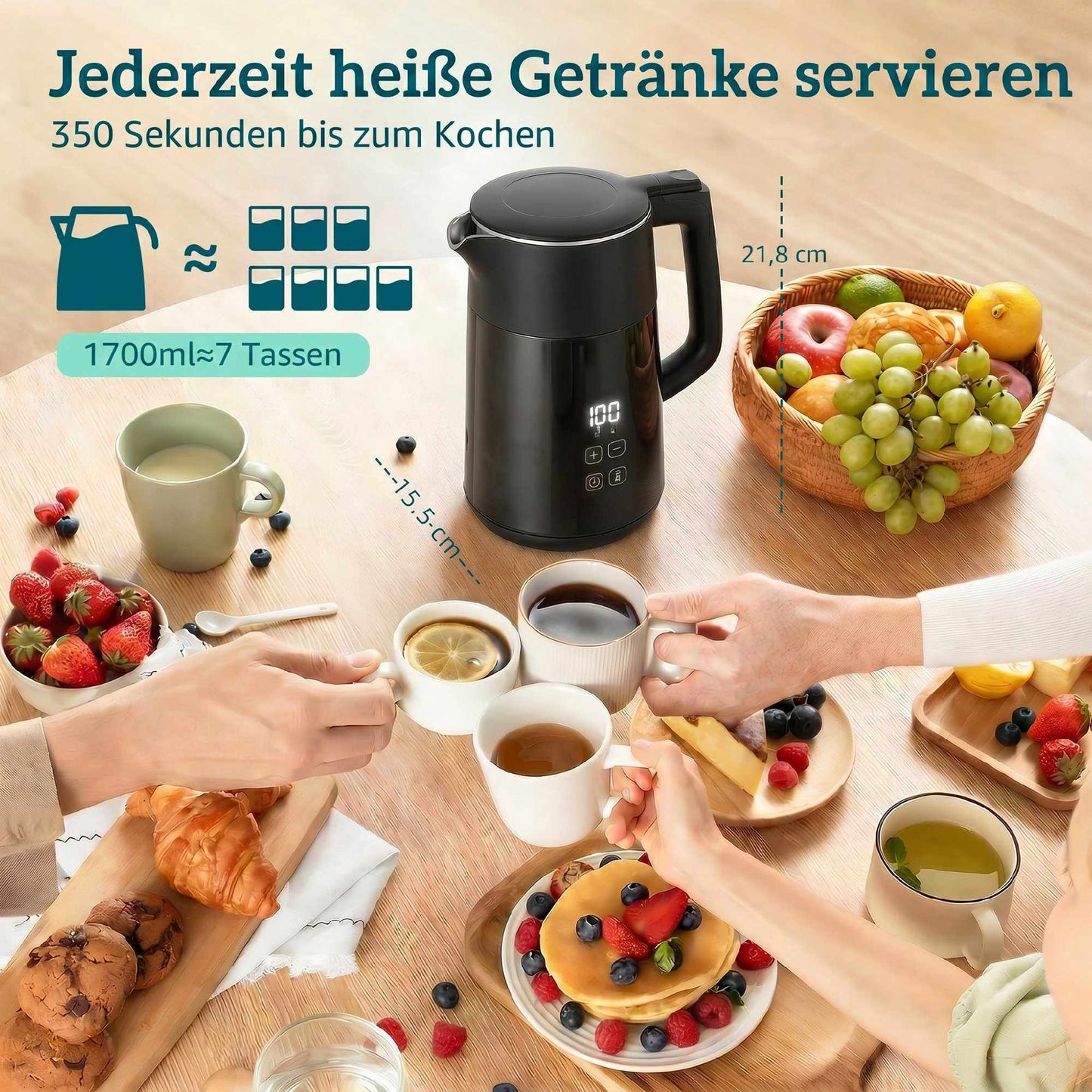 Electric Kettle 1.7L, 2200W, LED Display, Keep Warm, Auto Shut-Off