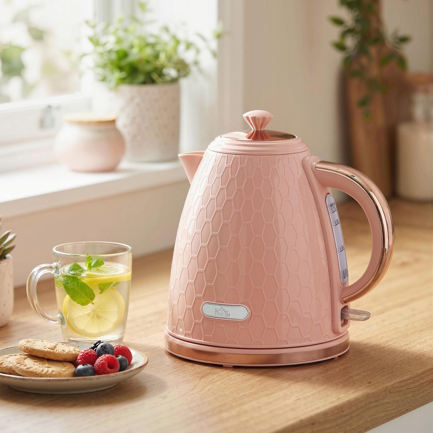 Electric Kettle 1.7L, Fast Boil, 2200W, Cordless, Pink
