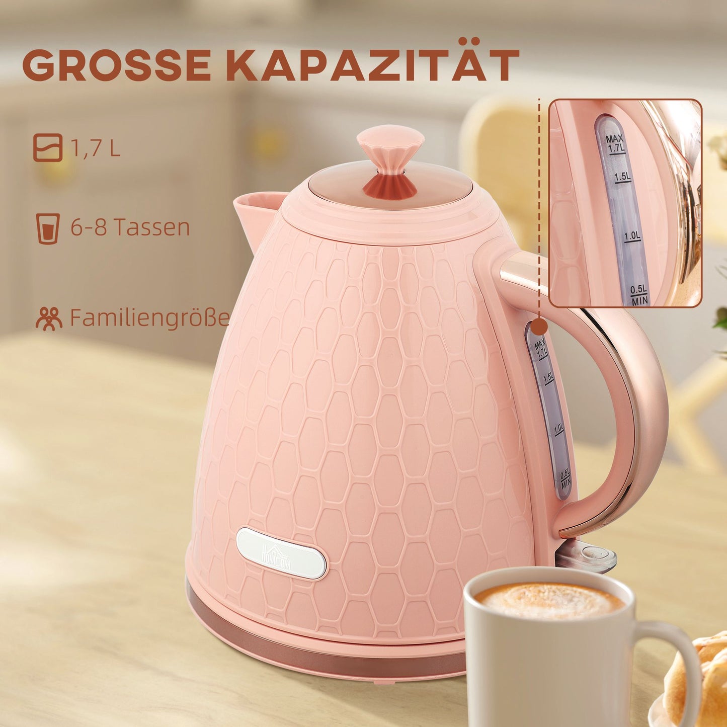 Electric Kettle 1.7L, Fast Boil, 2200W, Cordless, Pink