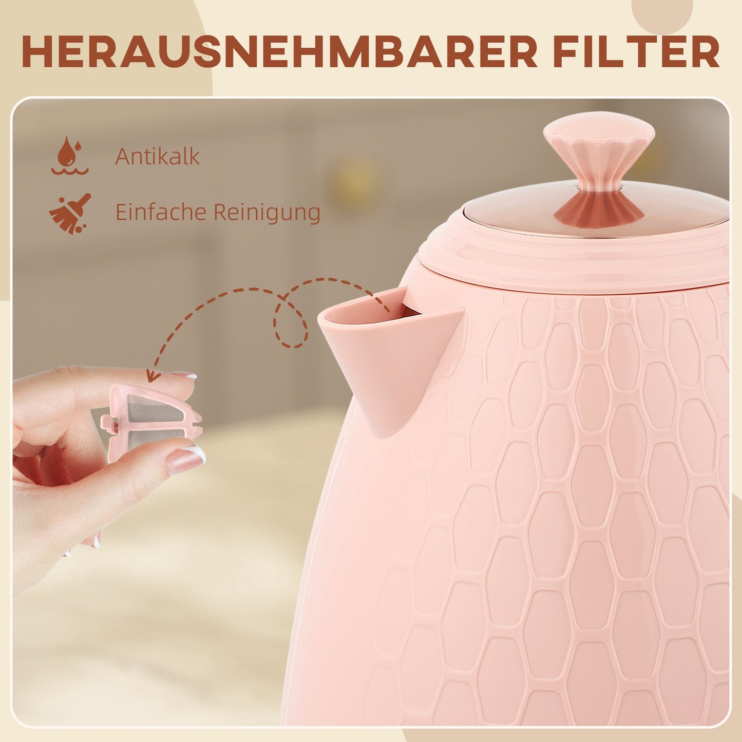 Electric Kettle 1.7L, Fast Boil, 2200W, Cordless, Pink