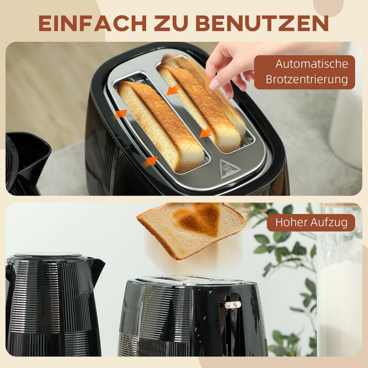 Electric Kettle & Toaster Set, 1.7L, Stainless Steel, Black