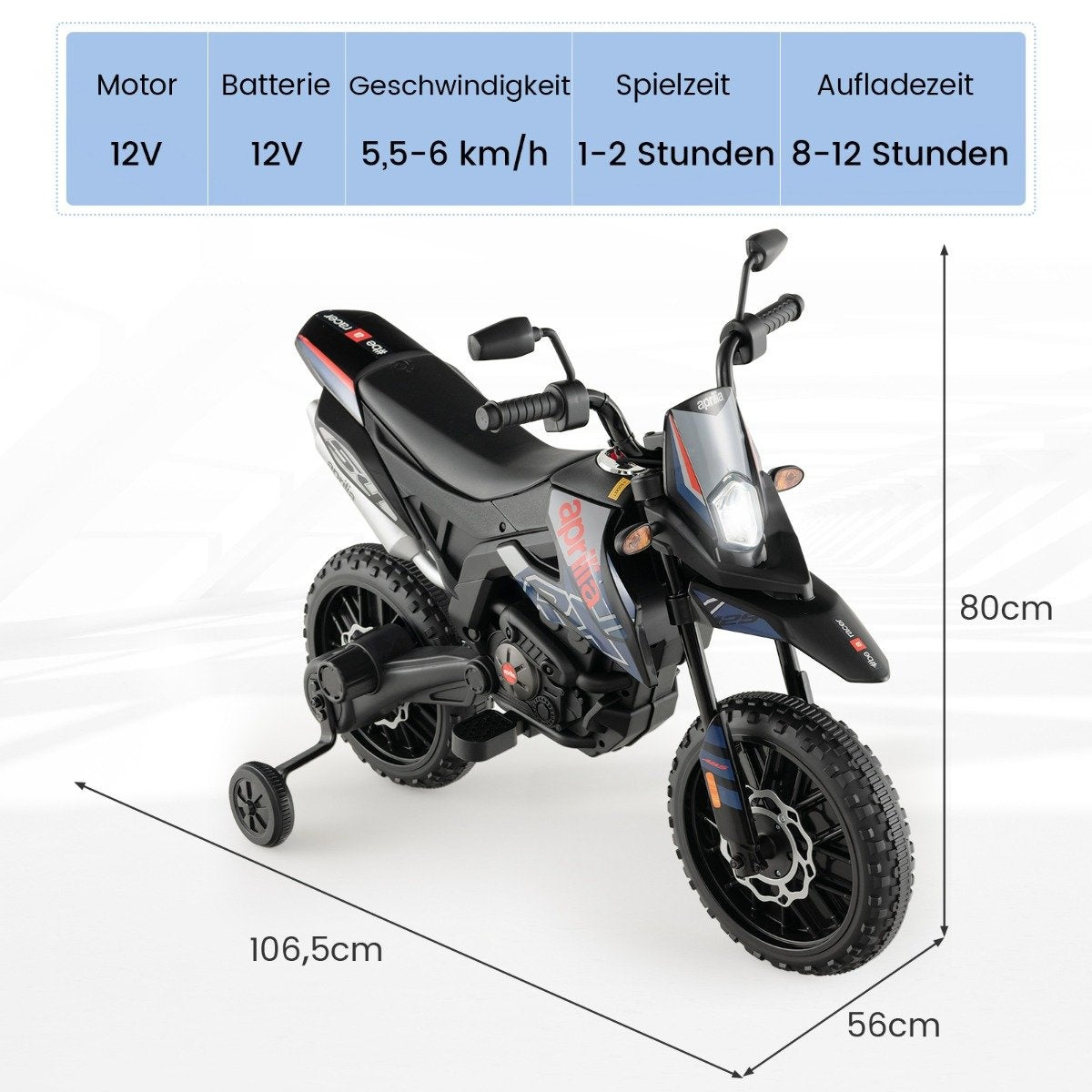 Electric Kids Motorcycle with Training Wheels, Music, 12V Battery