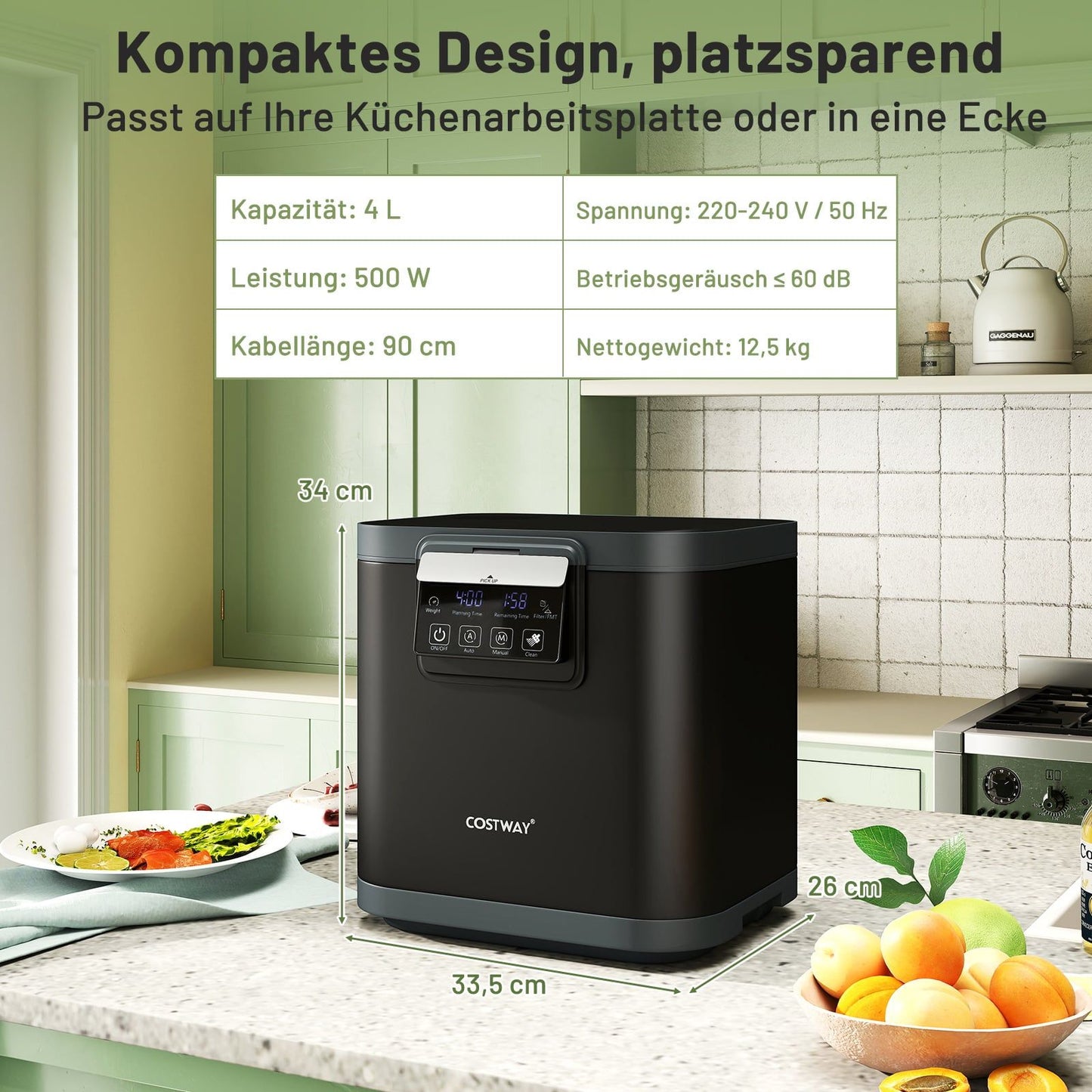 Electric Kitchen Composter, 4L Capacity, Odor Control Filters