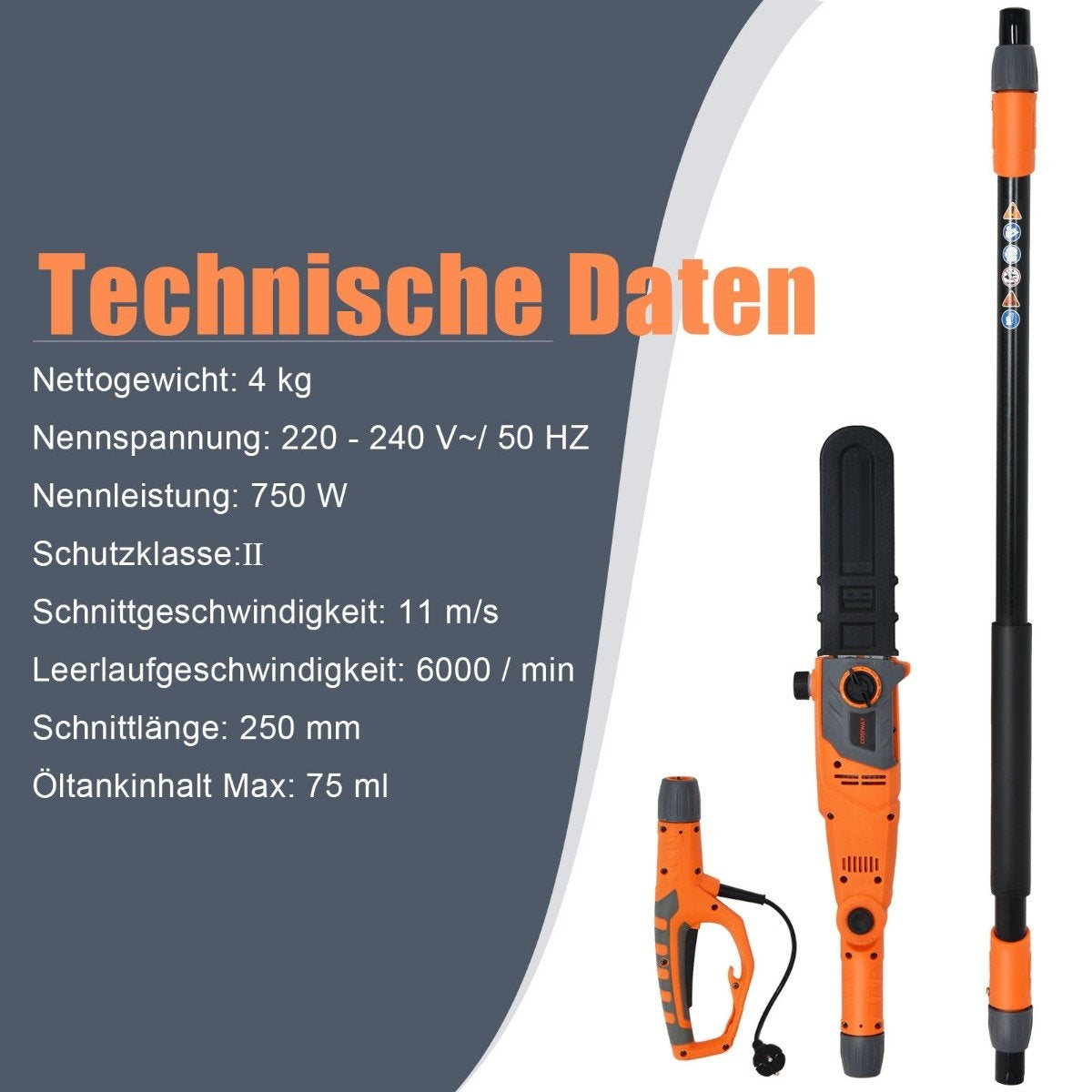 Electric Pole Saw, Adjustable 212-286 cm, Multi-Angle Head