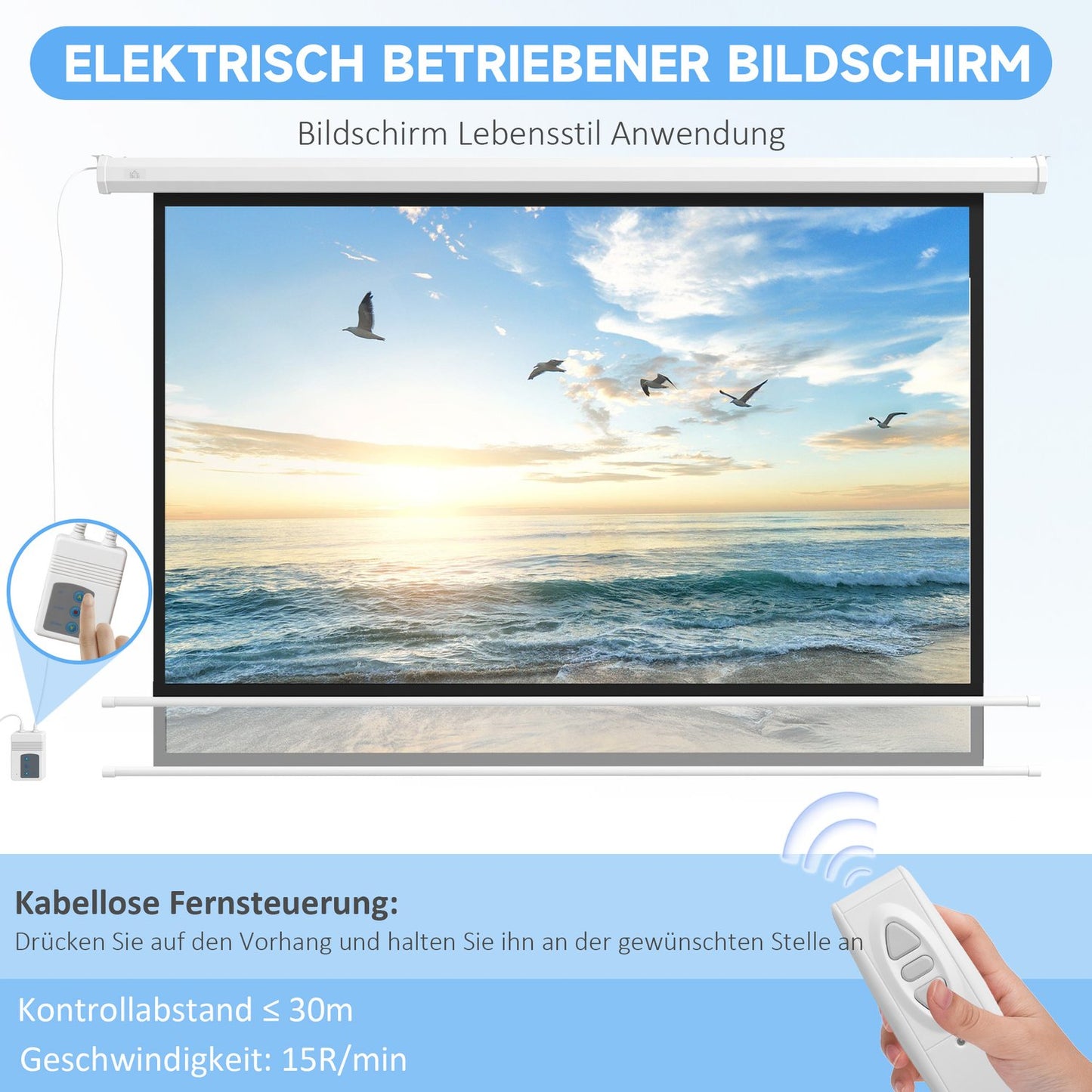 Electric projector screen 266x149 cm, 16:9 with remote control