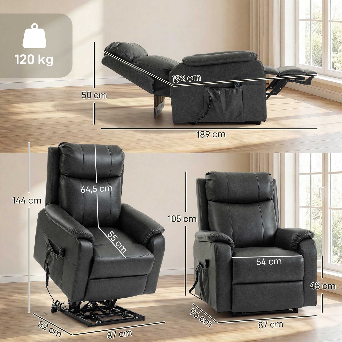 Electric Recliner Chair, Black Faux Leather, Dual Motor