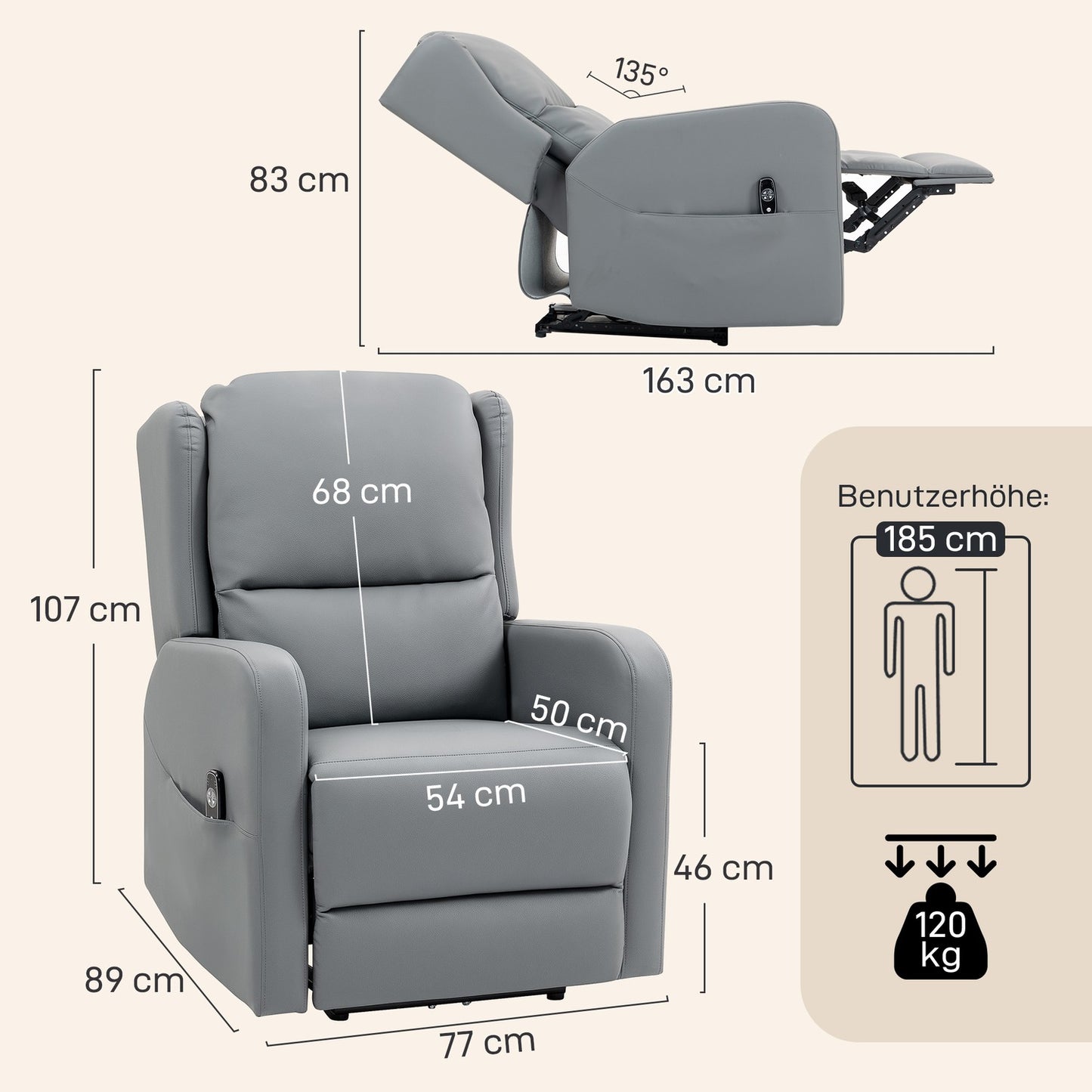 Electric Recliner Chair, Faux Leather, Gray, Footrest