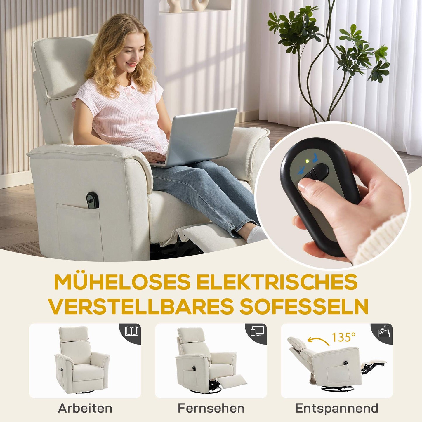 Electric Recliner Chair with Adjustable Headrest, Cream White