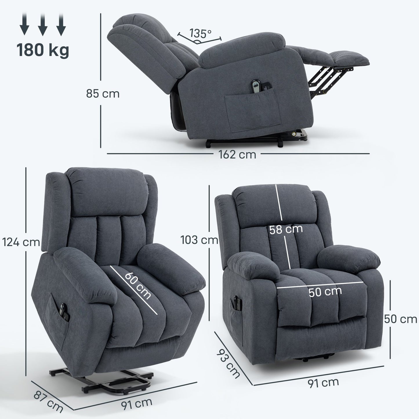 Electric Recliner Chair with Lift, Massage, Dark Grey