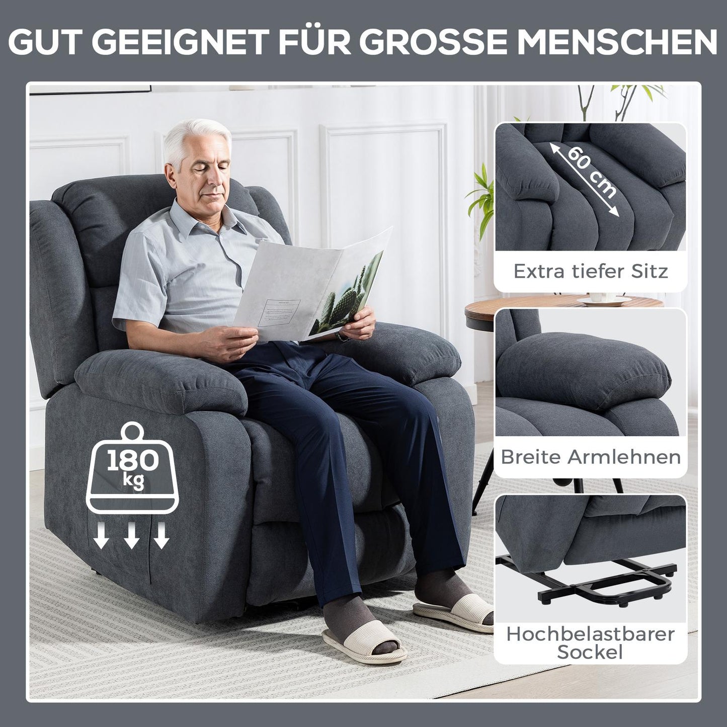Electric Recliner Chair with Lift, Massage, Dark Grey