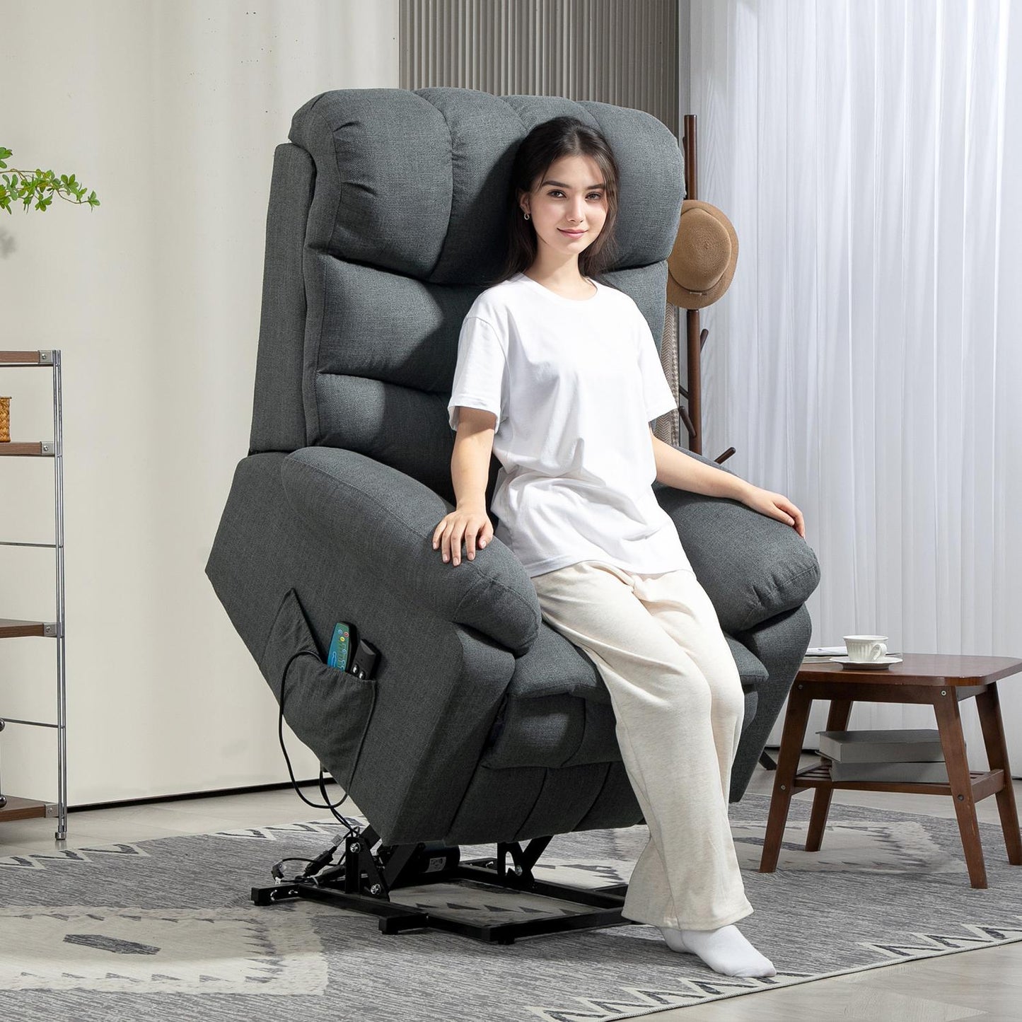 Electric Recliner Chair with Lift, Massage, Dark Grey Fabric