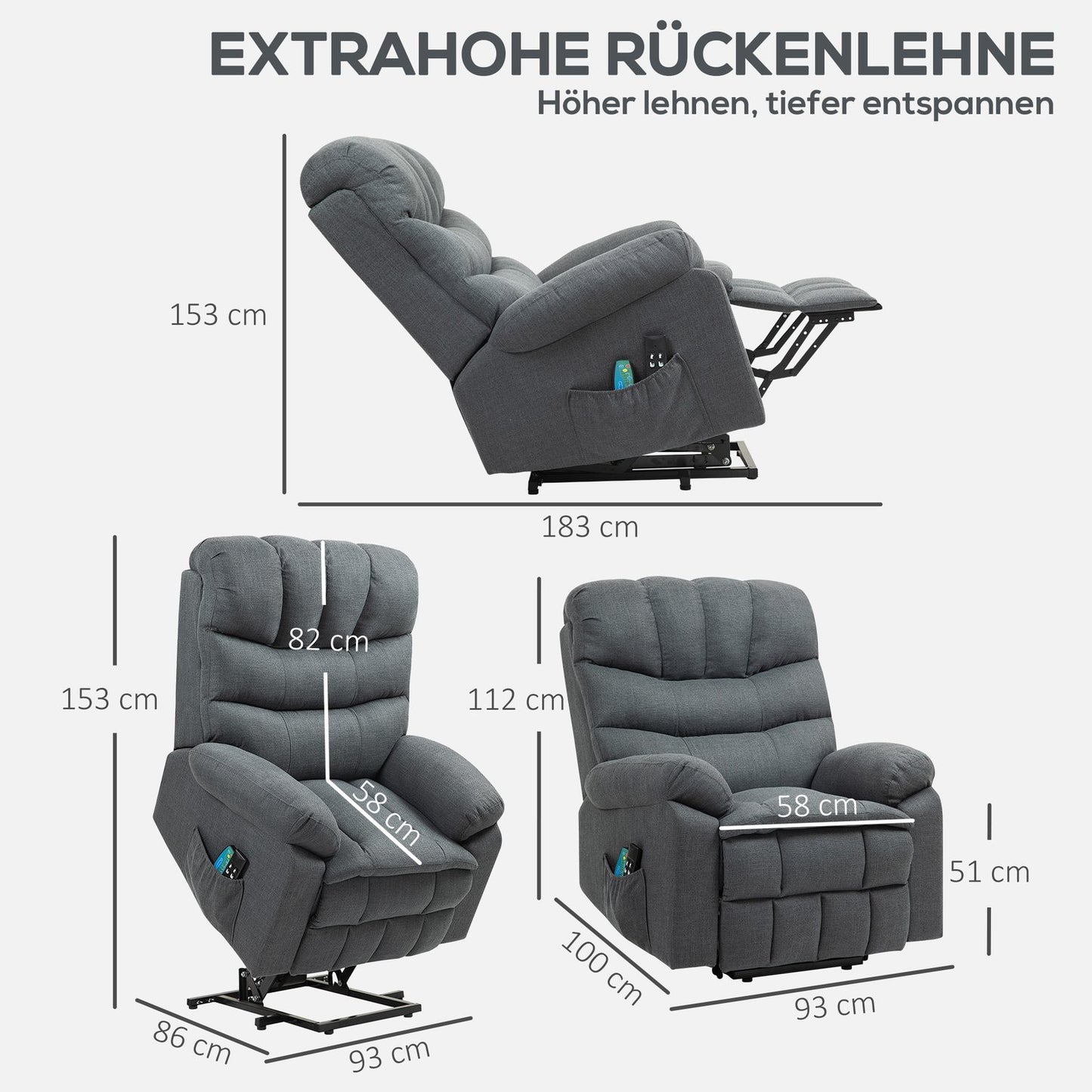 Electric Recliner Chair with Lift, Massage, Dark Grey Fabric