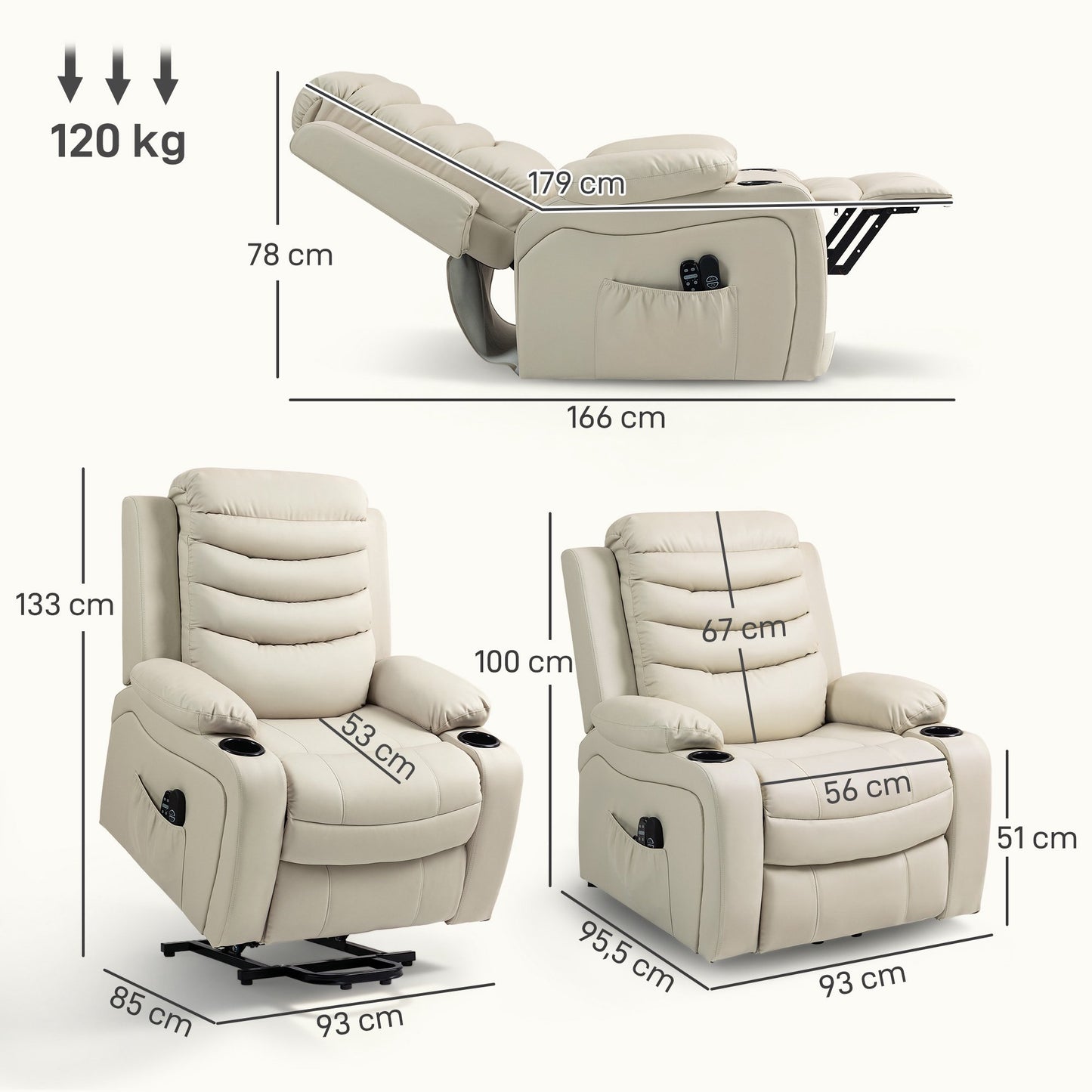 Electric Recliner Chair with Lift, Massage, Heat, USB, Cream