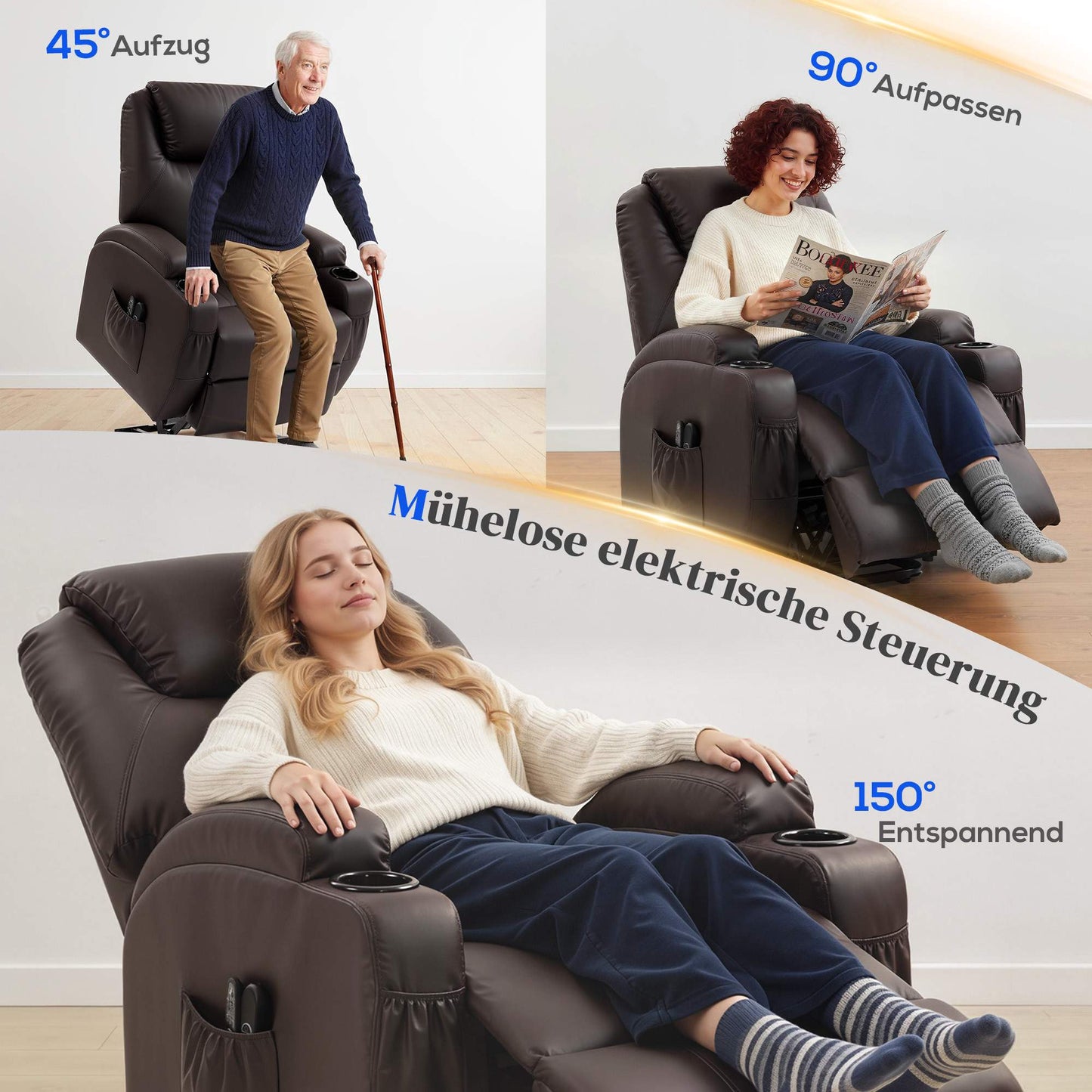 Electric Recliner Chair with Lift, Remote, Cup Holders, Brown