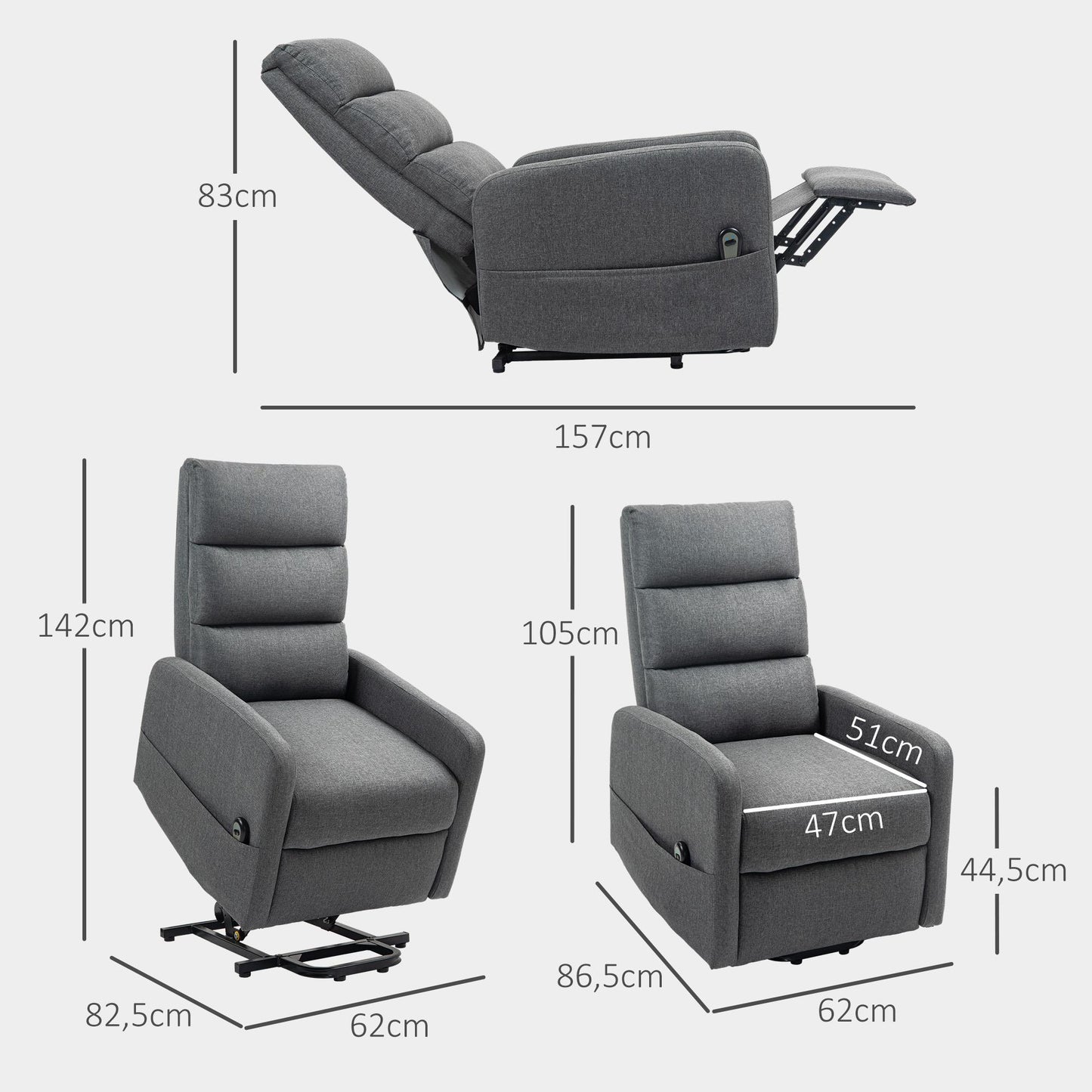Electric Recliner Chair with Lift, Remote, Linen Look, Gray