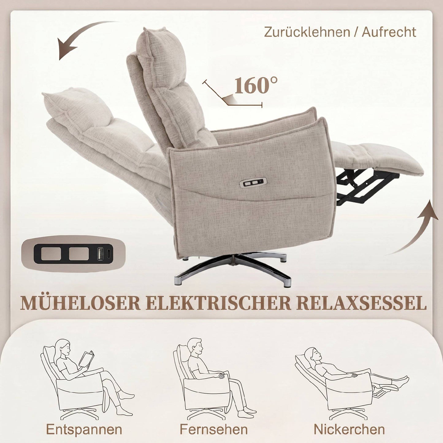 Electric Recliner Chair with USB Ports, Beige Linen Fabric