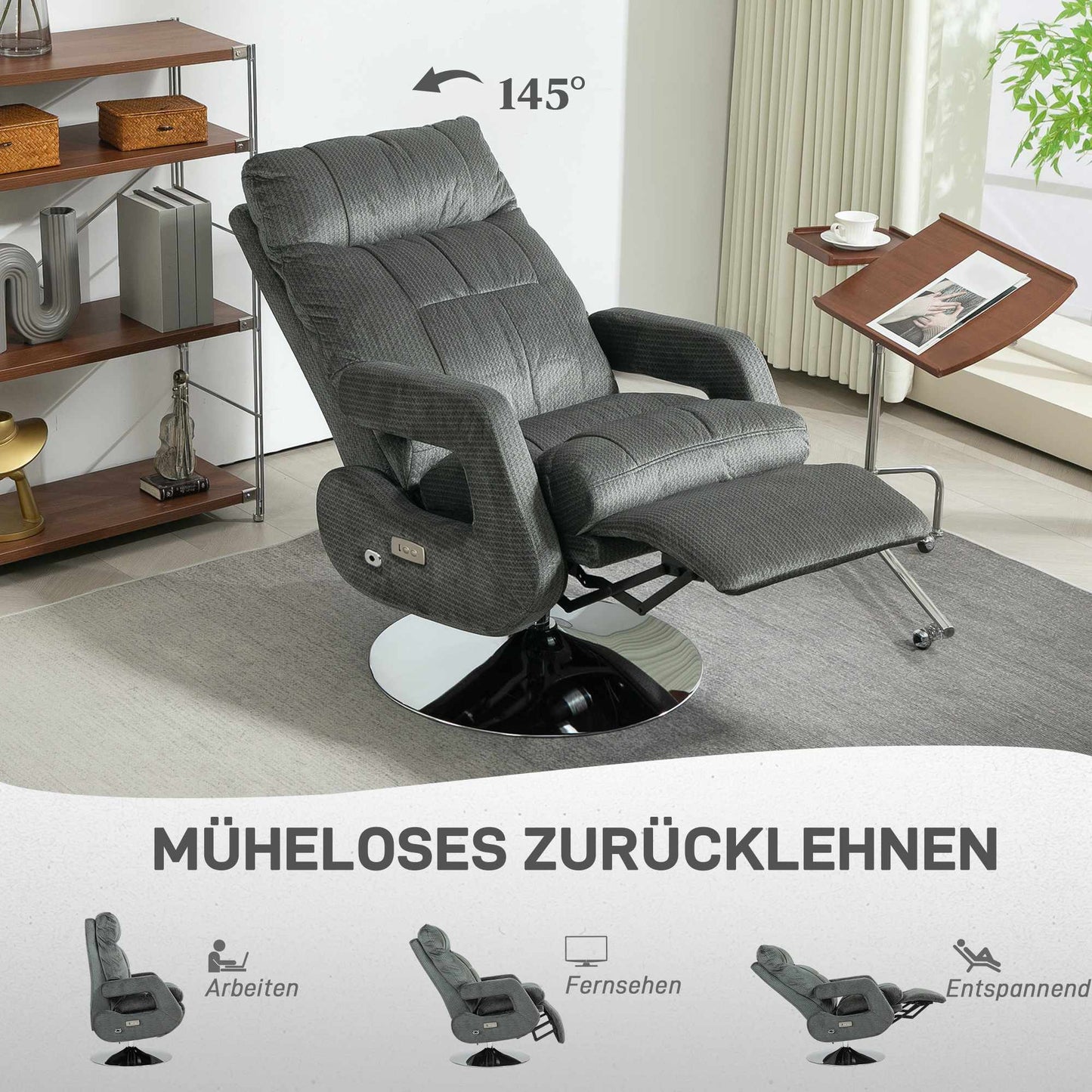 Electric Recliner Chair with USB, Velvet, Swivel, Grey