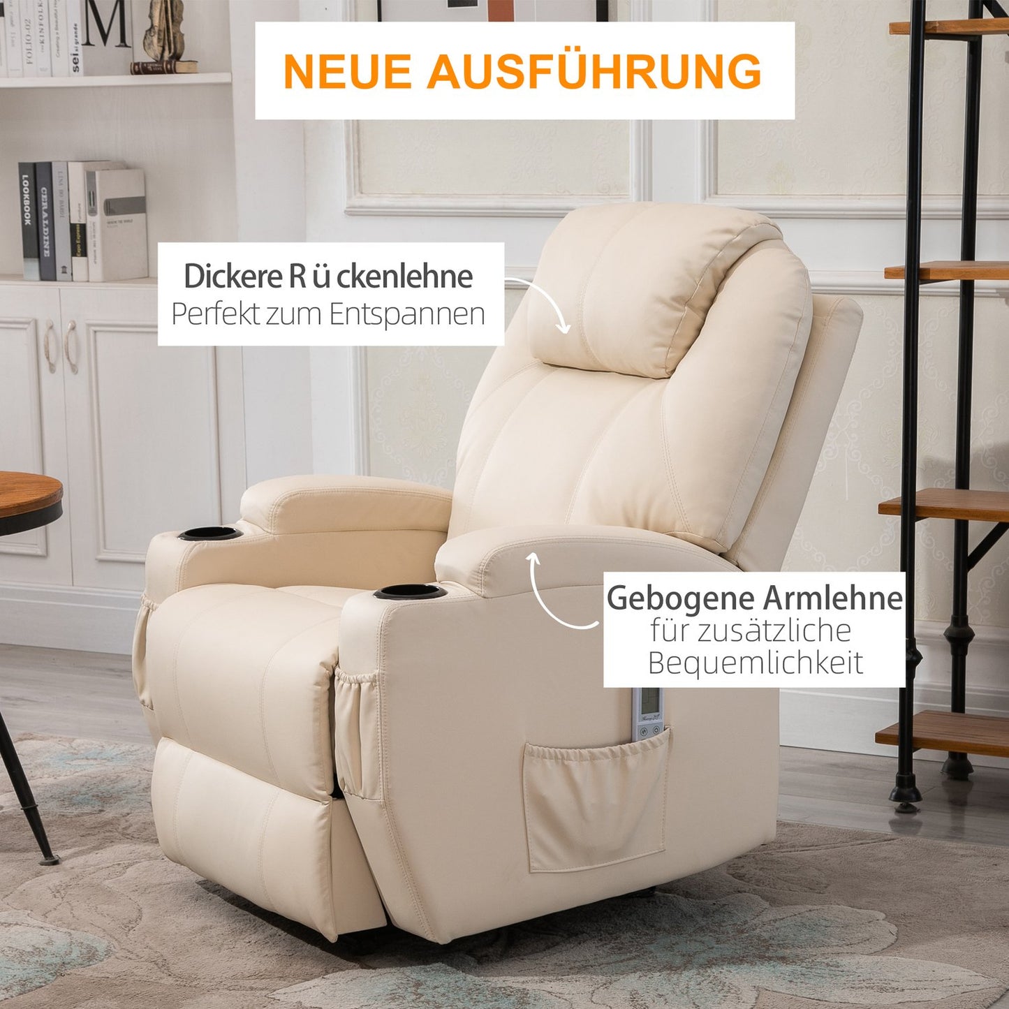 Electric reclining massage chair, synthetic leather, beige