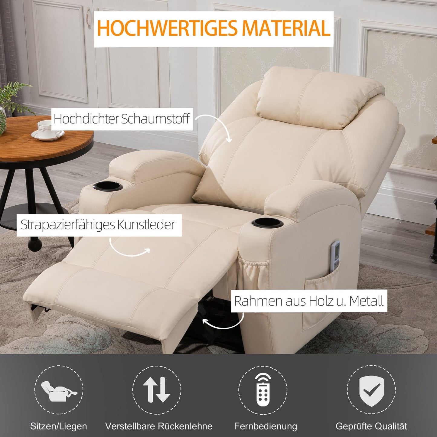 Electric reclining massage chair, synthetic leather, beige