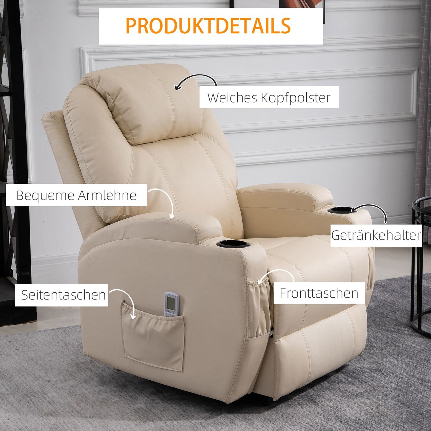 Electric reclining massage chair, synthetic leather, beige