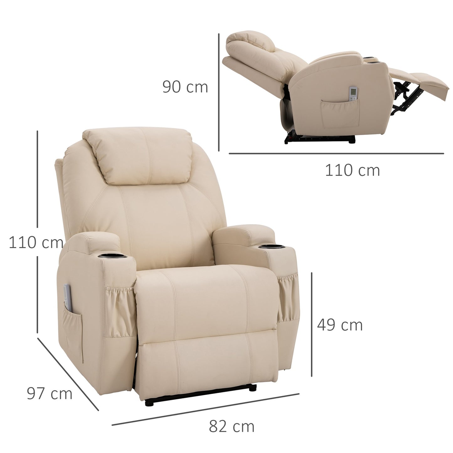 Electric reclining massage chair, synthetic leather, beige