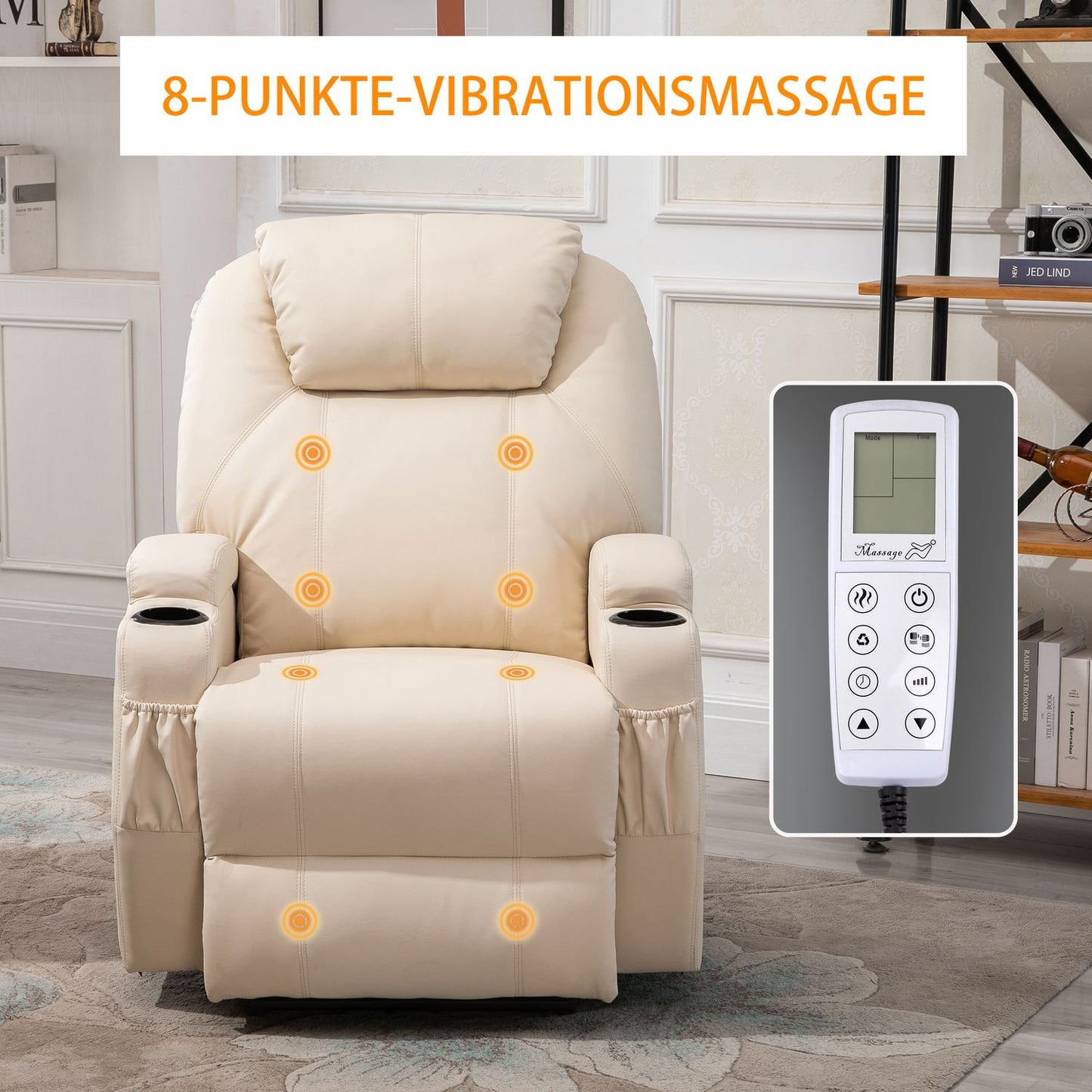 Electric reclining massage chair, synthetic leather, beige