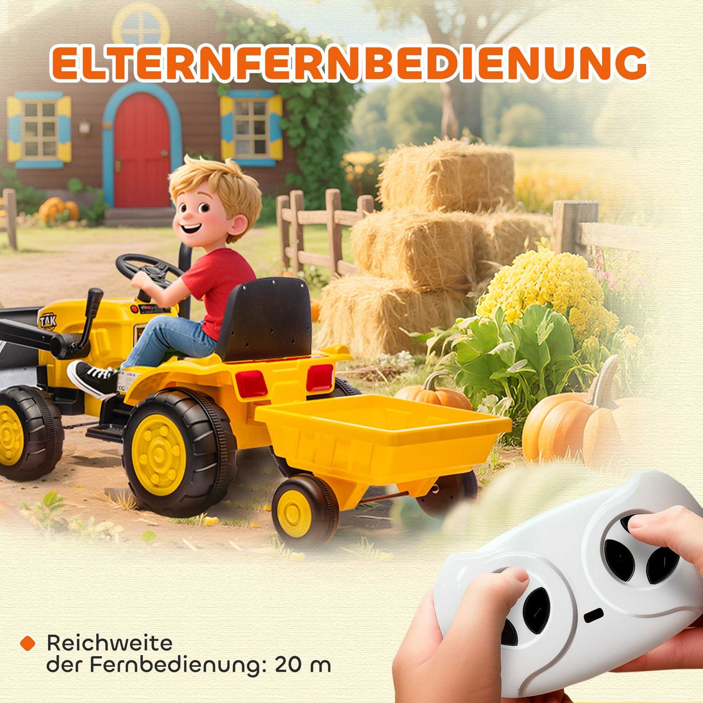 Electric Ride-On Digger with Trailer, 12V, Ages 3-8, Yellow