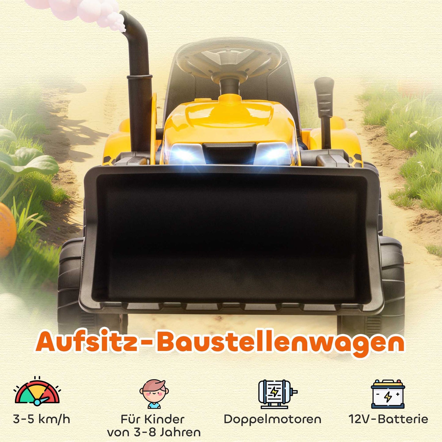 Electric Ride-On Digger with Trailer, 12V, Ages 3-8, Yellow