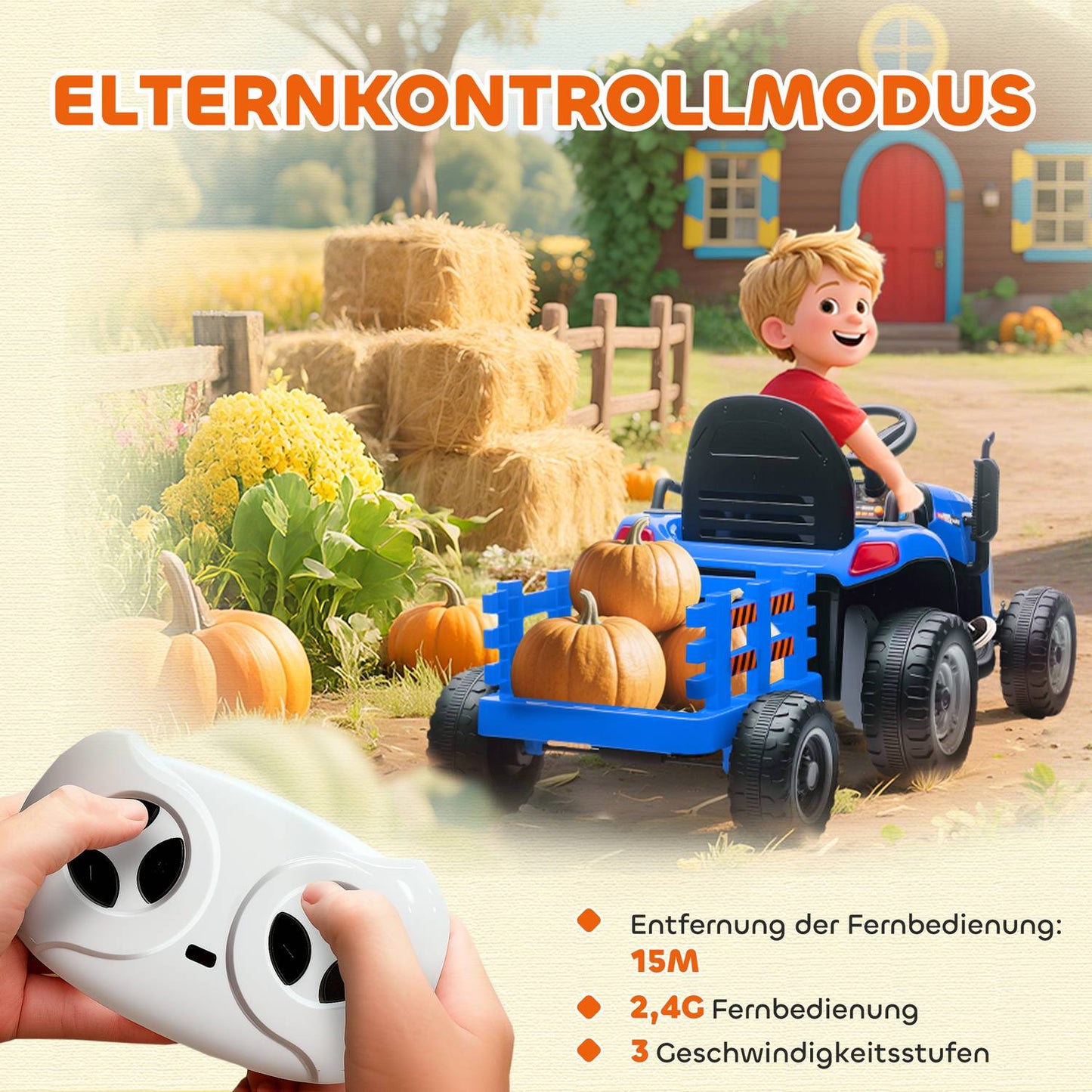 Electric Ride-On Tractor for Kids, Remote Control, Ages 3-8, Blue
