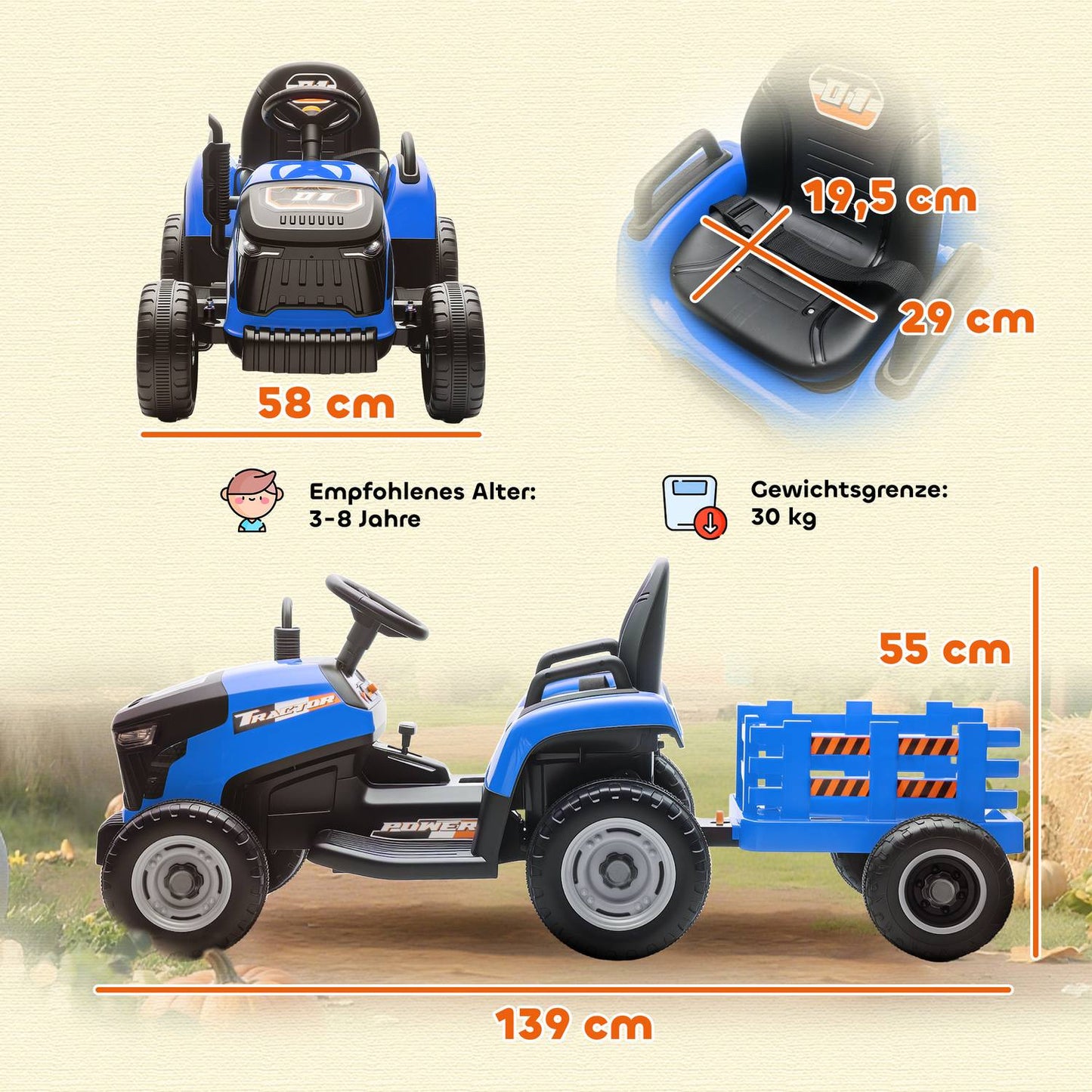 Electric Ride-On Tractor for Kids, Remote Control, Ages 3-8, Blue