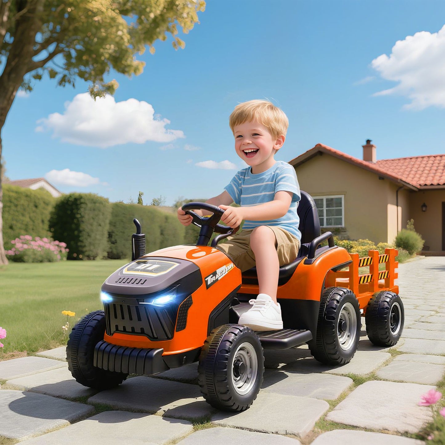 Electric Ride-On Tractor for Kids, Remote Control, Ages 3-8, Orange