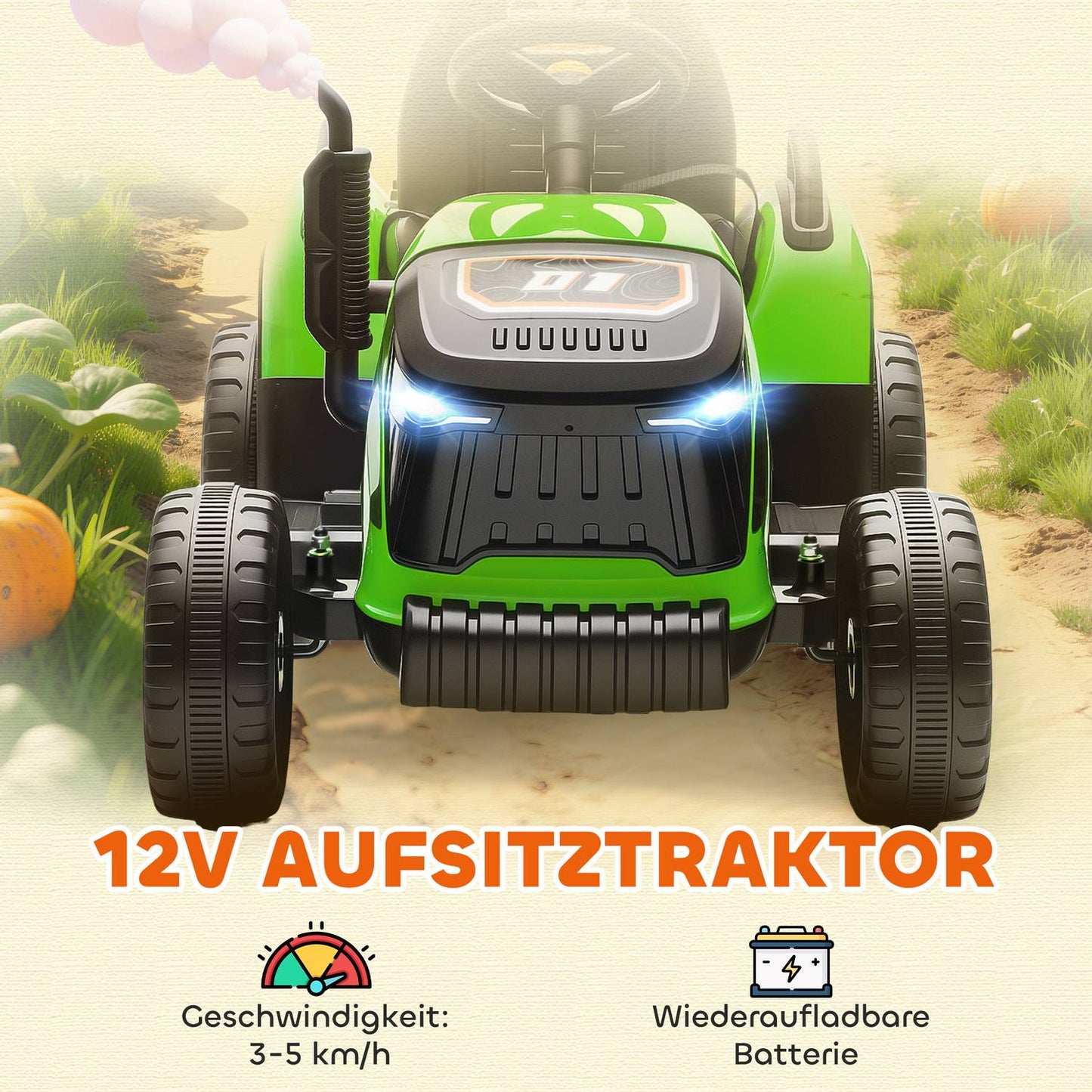 Electric Ride-On Tractor with Remote, Ages 3-8, Green