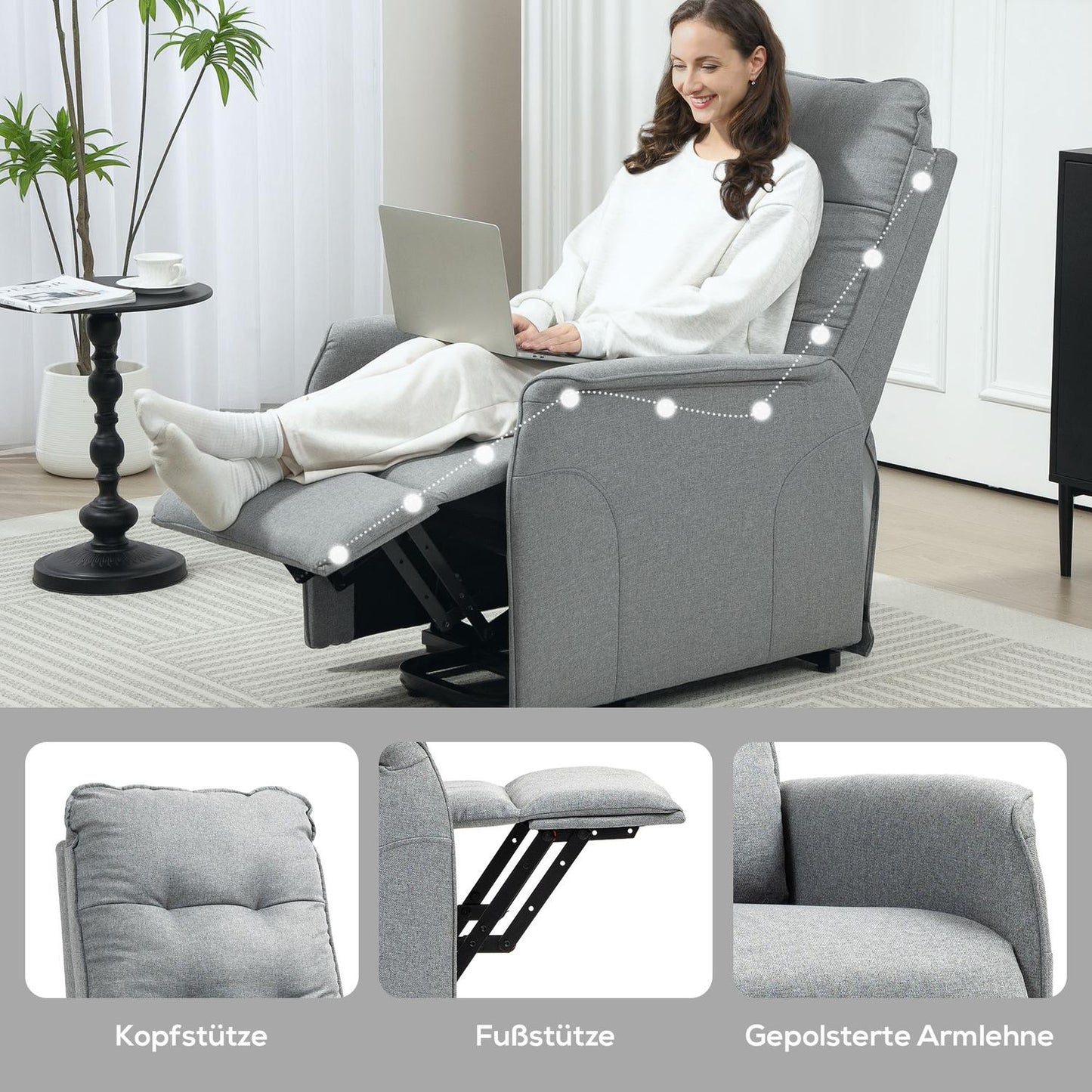 Electric recliner, linen, remote control, side pocket, gray