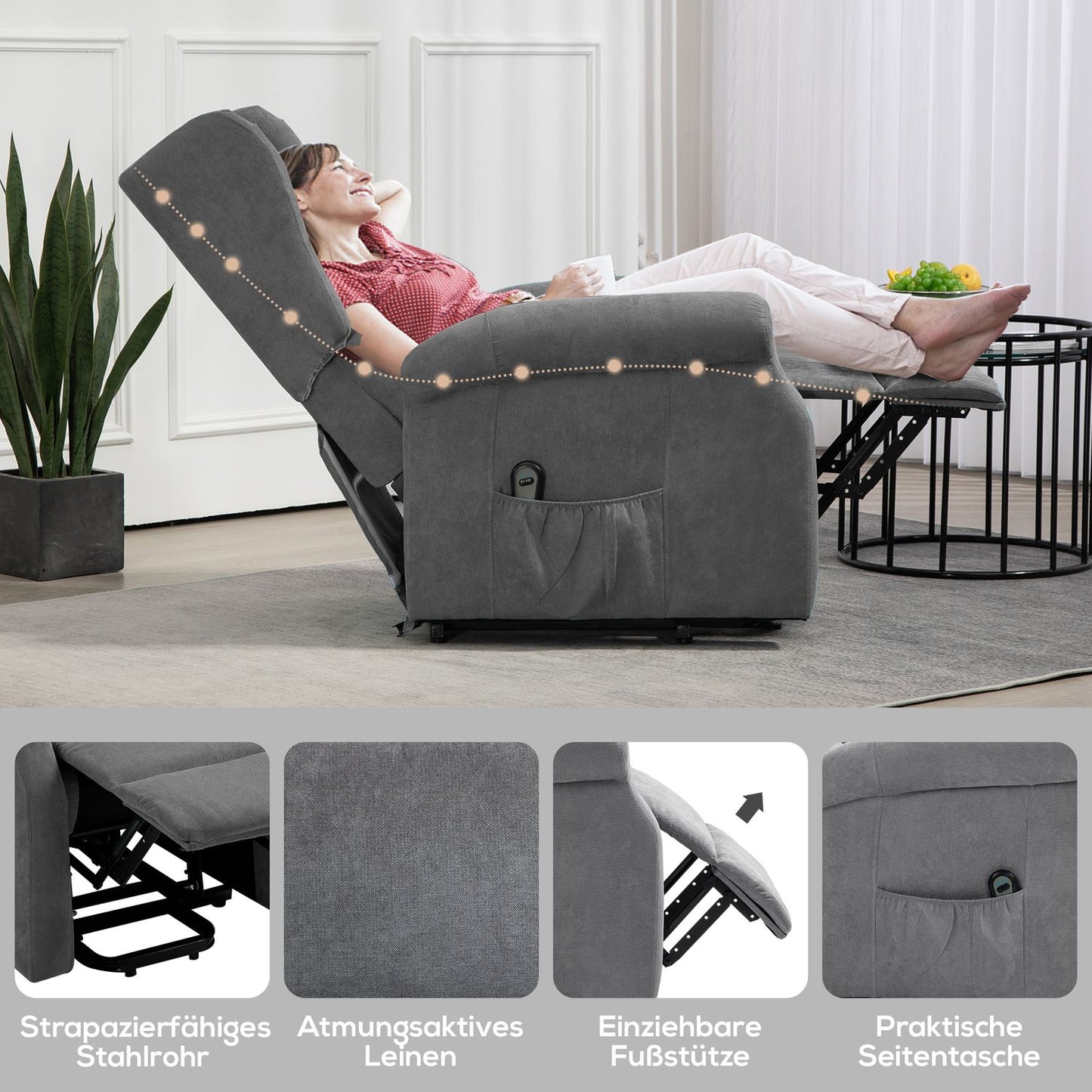 Electric recliner with standing aid and side pocket