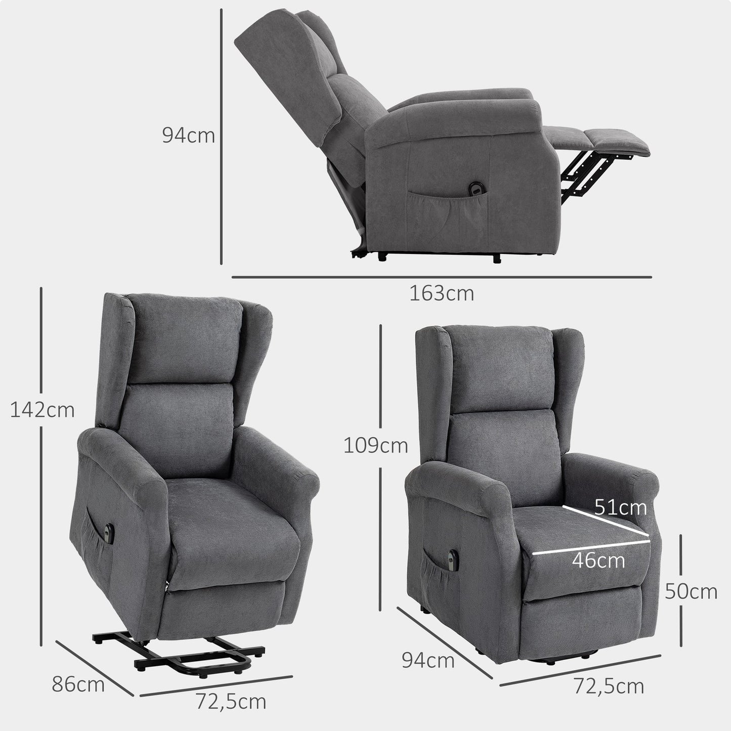 Electric recliner with standing aid and side pocket
