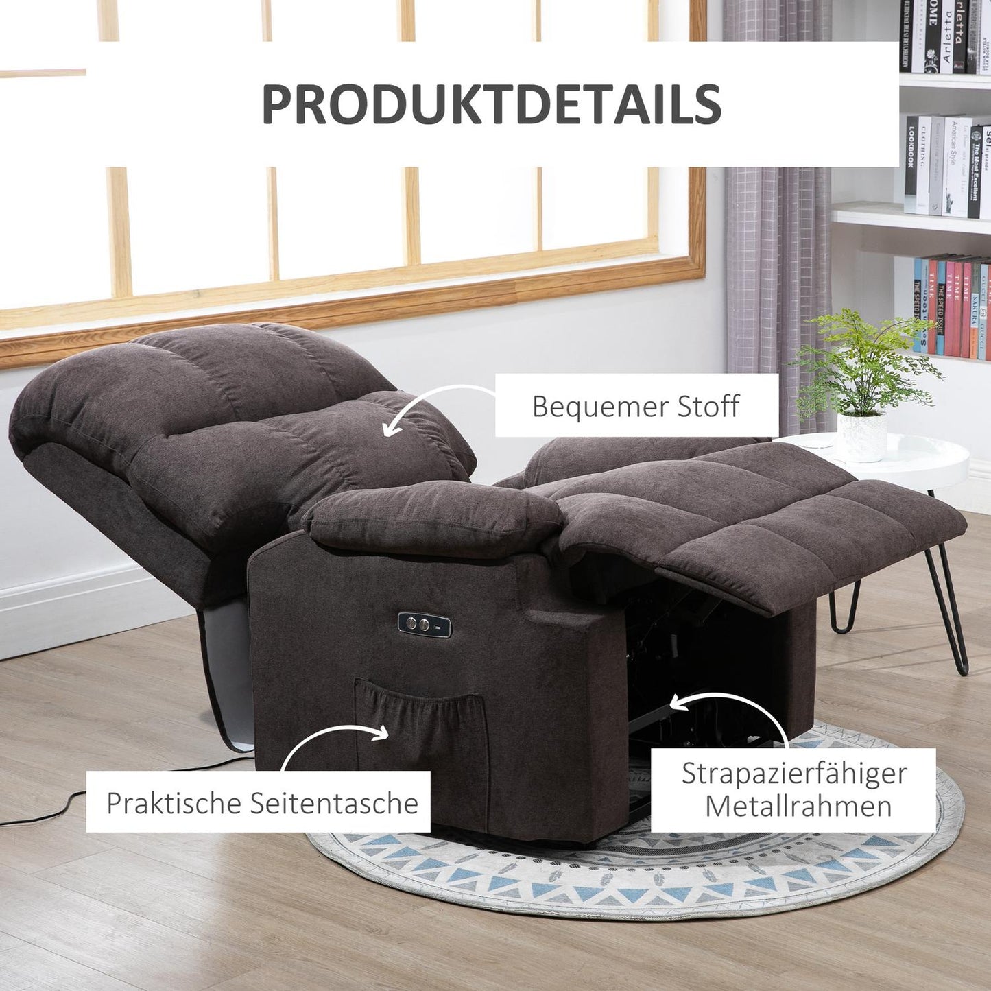 Reclining electric TV chair with USB, footrest, dark grey