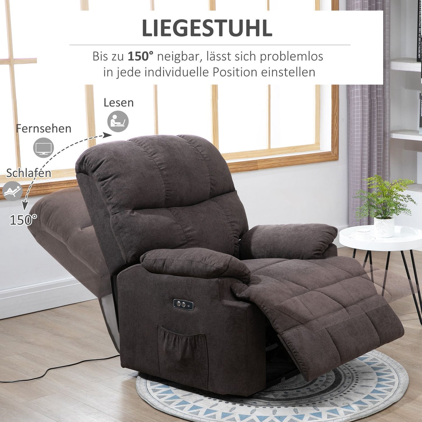 Reclining electric TV chair with USB, footrest, dark grey