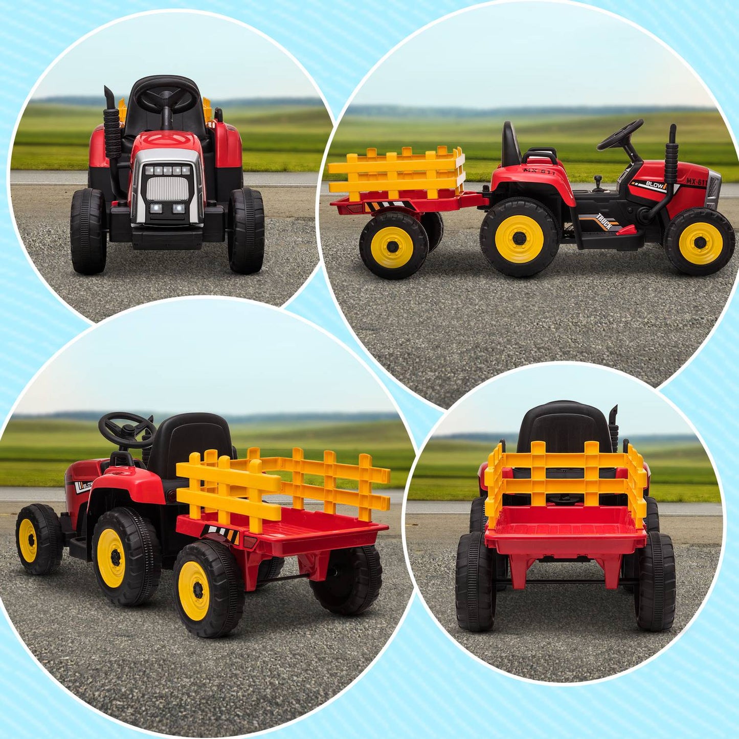 Red electric tractor car for children with trailer and remote control