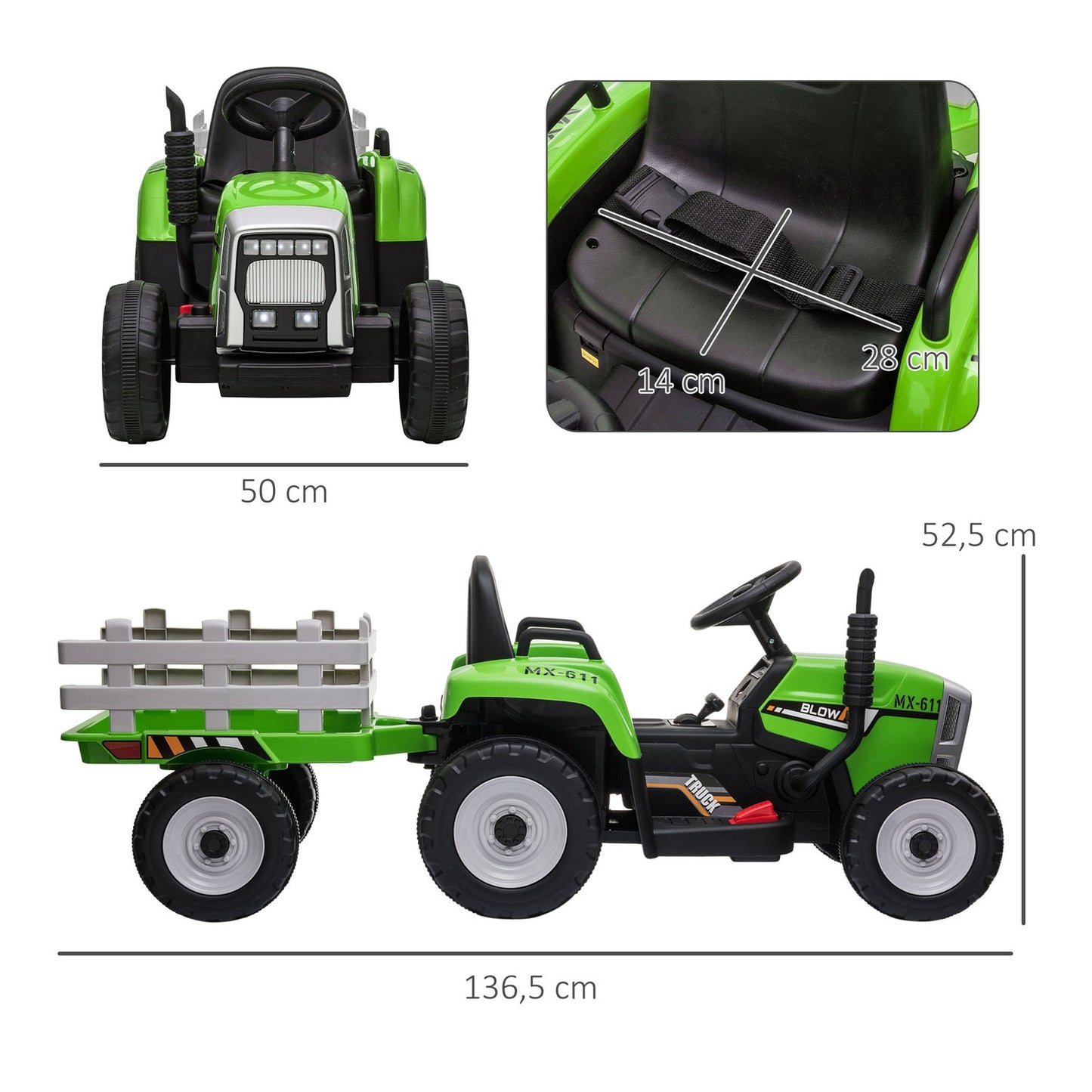 Electric ride-on tractor for children with trailer and remote control