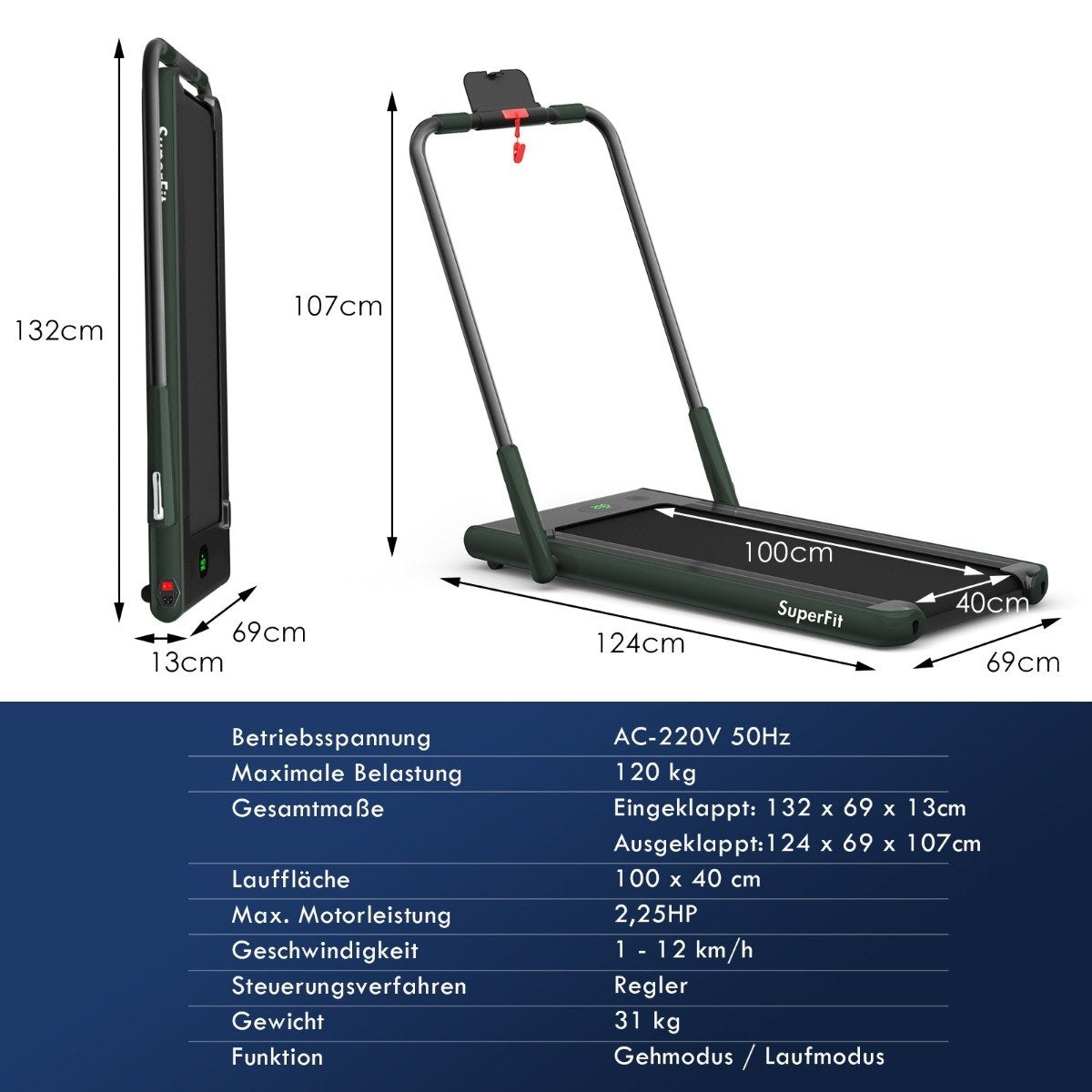 Electric Treadmill 1-12km/h LED Display Foldable Exercise Bike Fitness Machine 120kg Navy