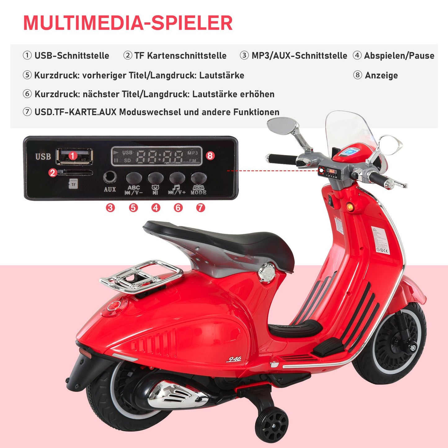 Electric motorcycle for children with MP3 & lights, red