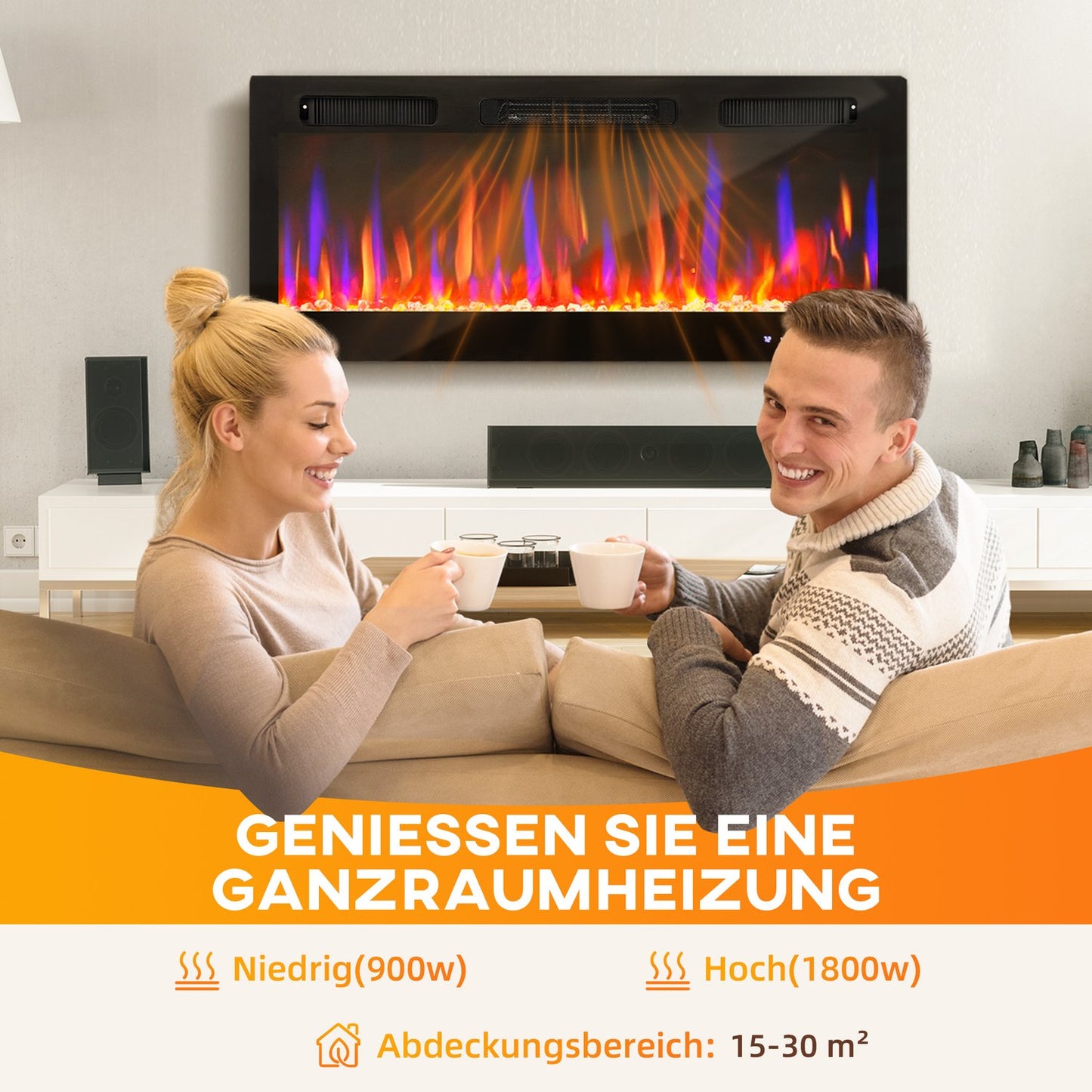 Electric Wall-Mounted Fireplace, Adjustable Flames, Timer