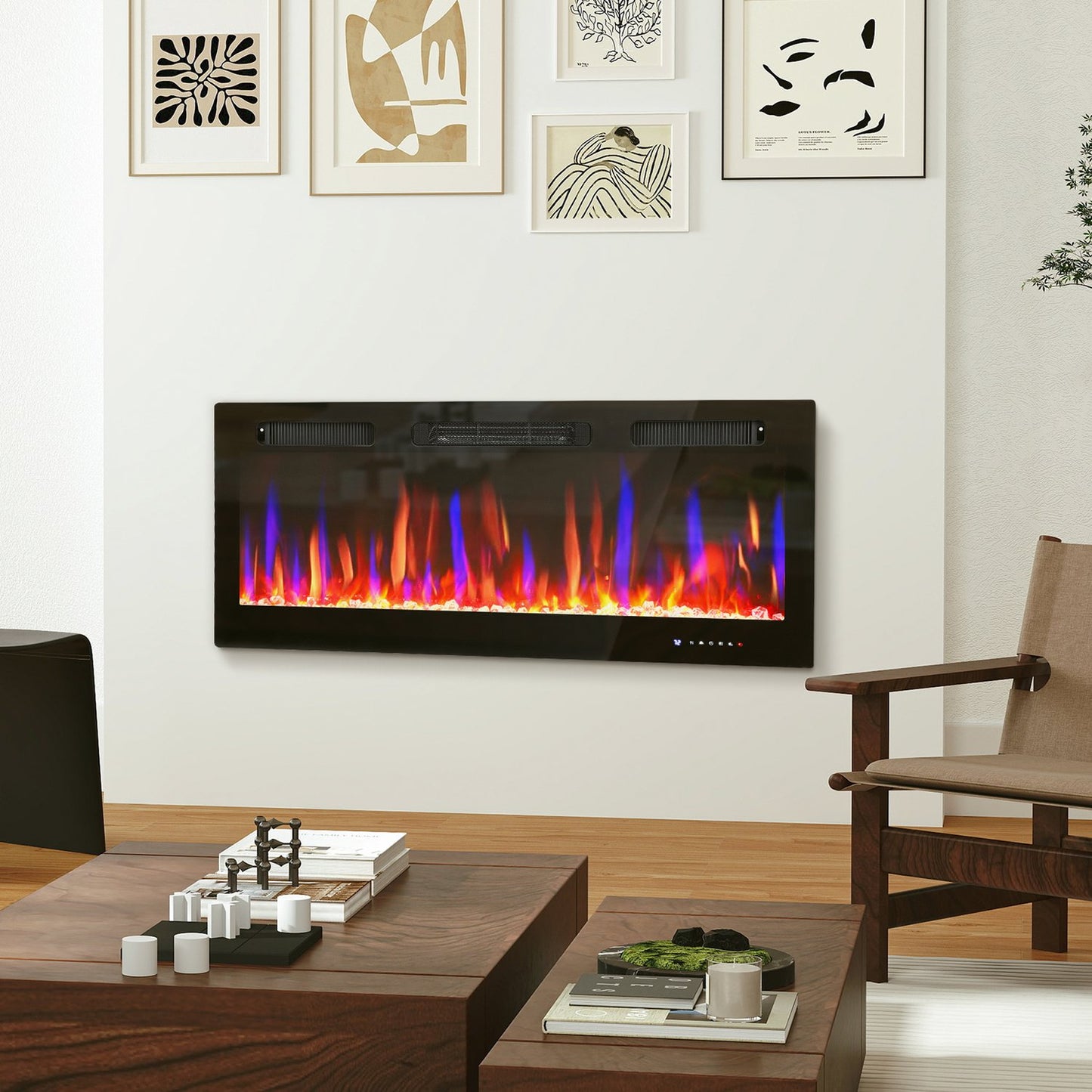 Electric Wall-Mounted Fireplace, Adjustable Flames, Timer