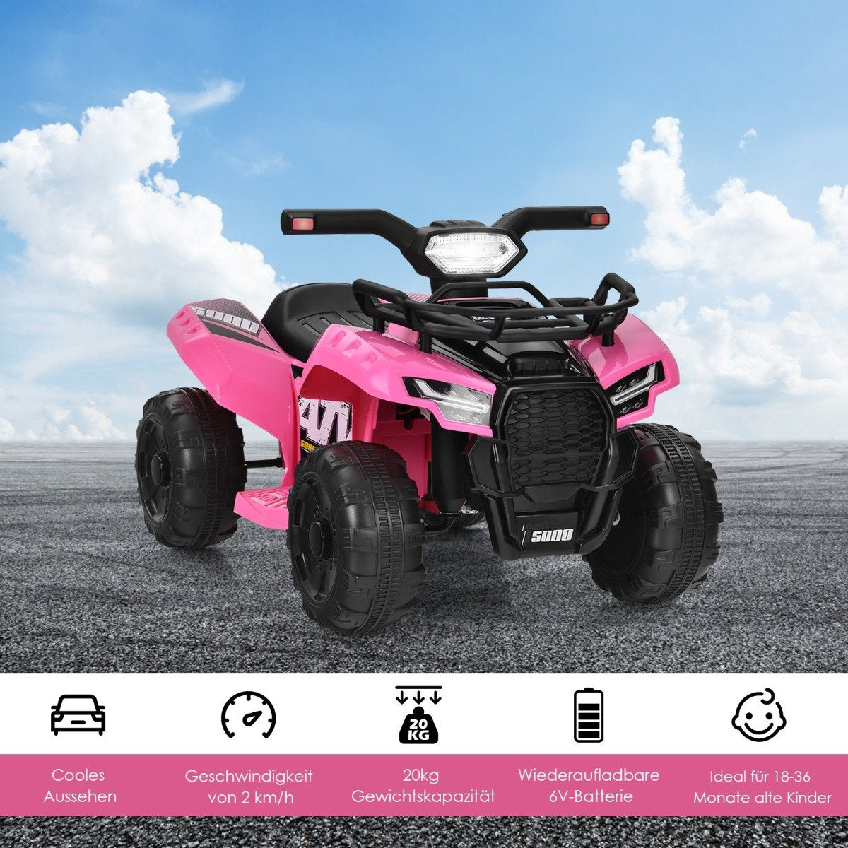 Electric children's quad with storage space Mini electric quad with music for children 44 x 66 x 42 cm pink + black
