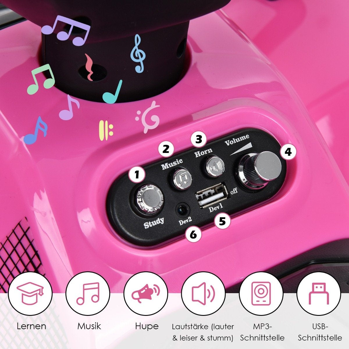 Electric children's quad with storage space Mini electric quad with music for children 44 x 66 x 42 cm pink + black