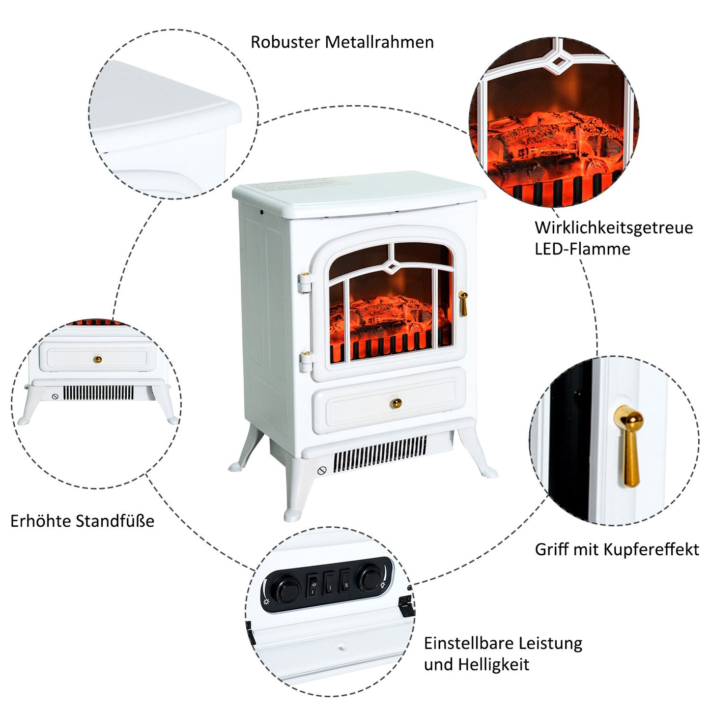 Electric stove, 950/1850W, Flame effect, White