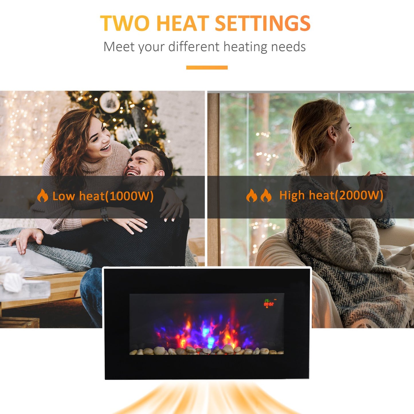 Electric wall fireplace, Remote control, LED Flame, Black