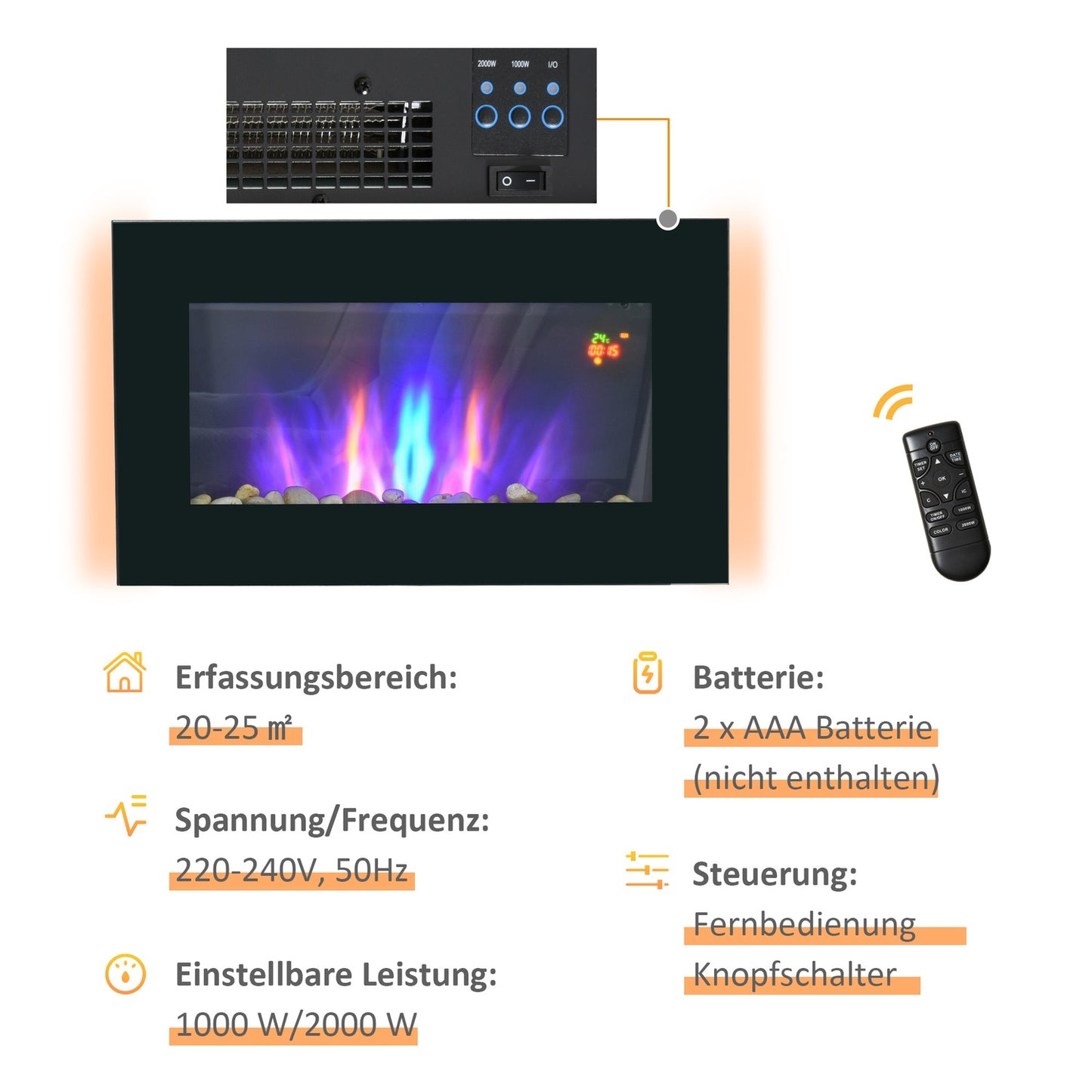 Electric wall fireplace, Remote control, LED Flame, Black